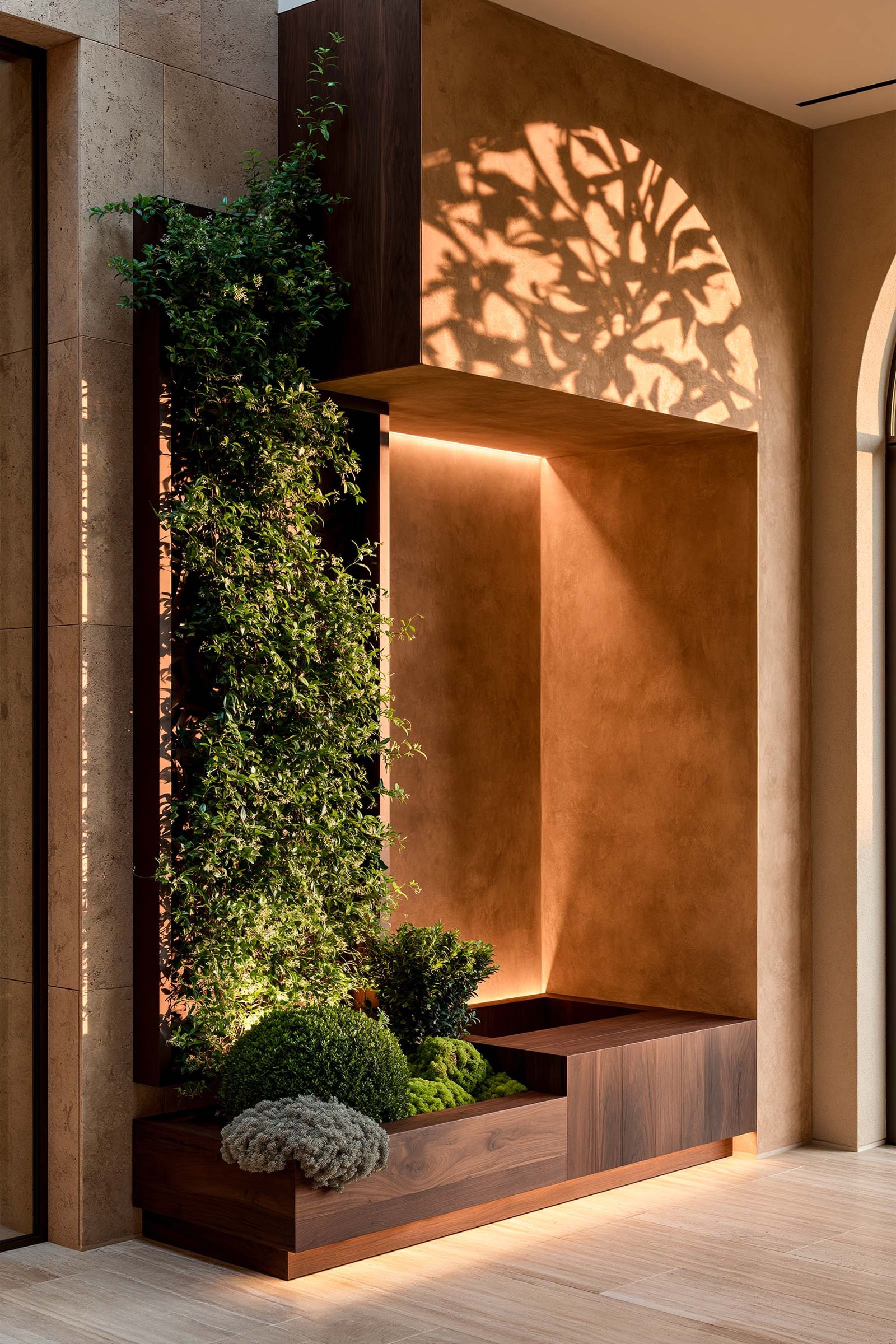 Composition verticale dans une villa contemporaine à Antibes, alcôve-banc en noyer fumé encadrée dans une niche stucco lustro ocre patiné sous LED 2700K, partition Hortus Velum™ Arcana en Acciaio Brunito au-dessus projetant ses ombres botaniques sur le mur, planter Lignum™ Block au pied portant Trachelospermum jasminoides en topiaire encadré et Buxus sempervirens en topiaire boule, sol travertin clair, Paracelsus Gardens™