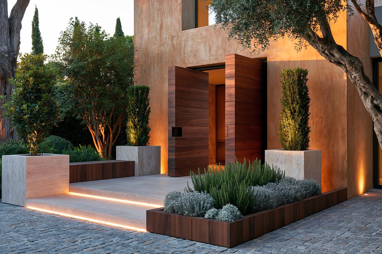 Seuil et entrée — seuil extérieur d’une villa au Cap-Ferrat au matin doux, porte pivotante double en noyer fumé révélant l’intérieur, deux Laurus nobilis en topiaires colonnes pyramidales dans des pots cube en travertin clair encadrant le seuil, planter Lignum™ Block au pied portant Rosmarinus officinalis, Santolina chamaecyparissus et Helichrysum italicum, pavés cobblestone gris, raking light matinal, Paracelsus Gardens™