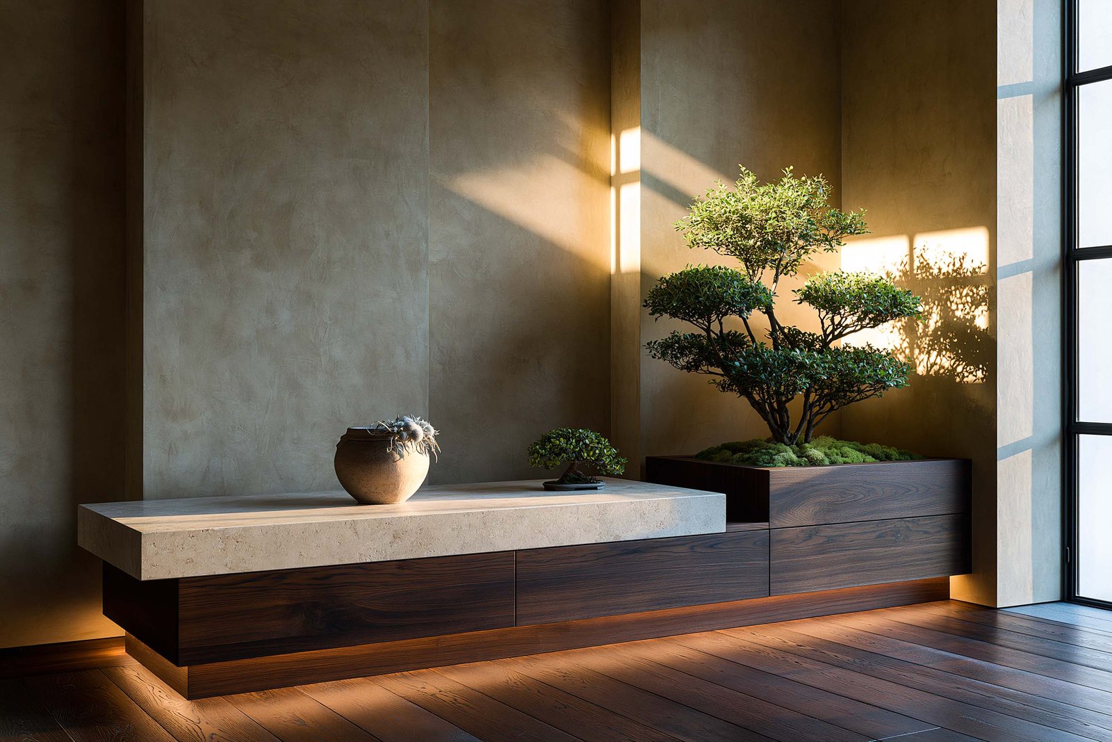 Saint-Paul-de-Vence — vestibule d’une villa, console Lignum™ Petra à plateau en pierre claire et cabinet en noyer fumé taillé dans la masse, LED 2700K rasante en filet lumineux sous le plateau, Ficus microcarpa en topiaire encadrée bonsai sculptural sur lit de mousse, Buxus sempervirens en bonsai d’appoint, pot terre cuite portant un bouquet de Helichrysum italicum, sol en planks de bois sombre, mur stucco lustro ocre rasé par la lumière directionnelle de fin de journée — Paracelsus Gardens™