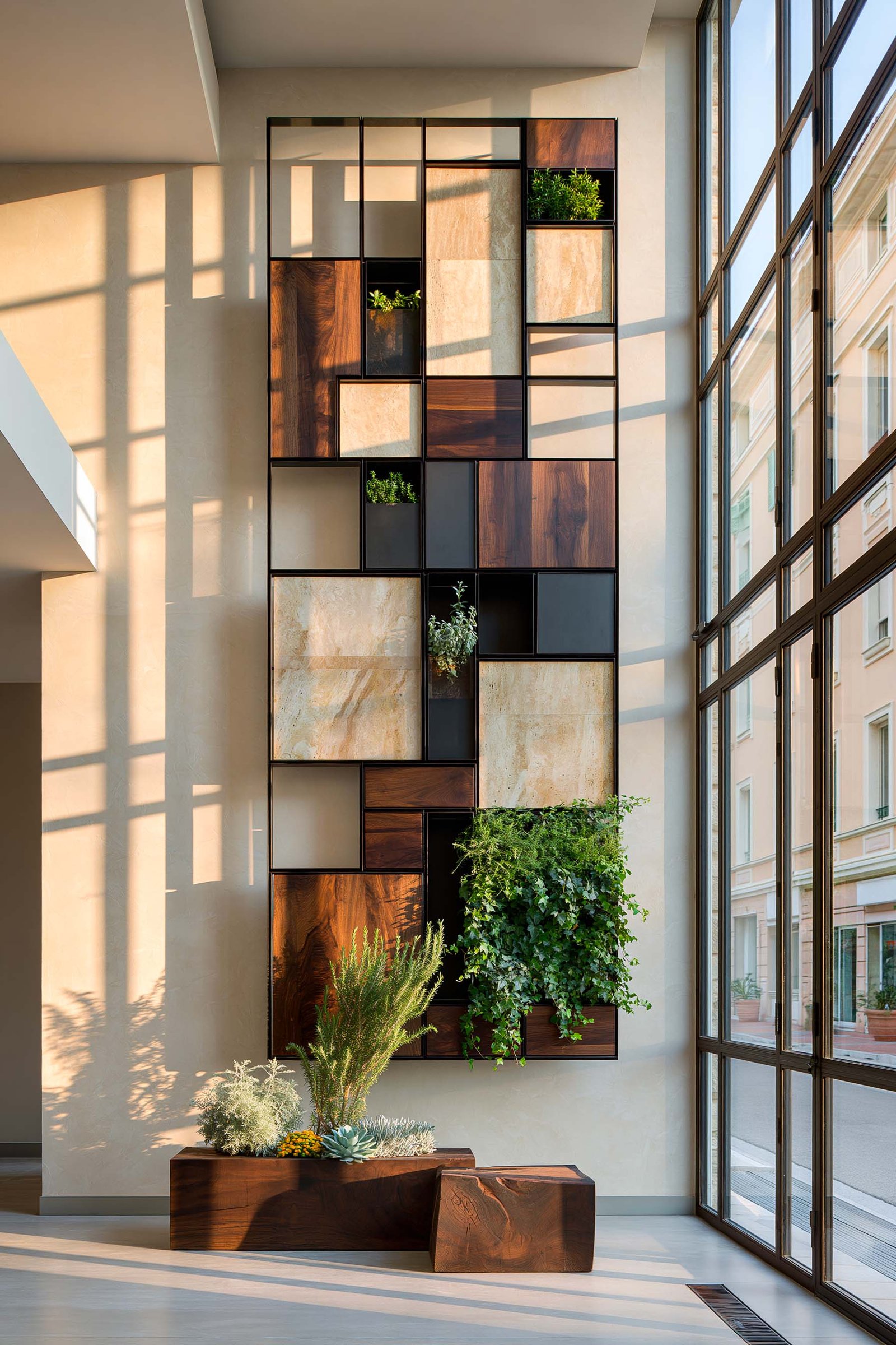 Beaulieu-sur-Mer — séjour d’une villa contemporaine, Hortus Velum™ Strata en habillage mural à composition en quinconce non uniforme, ossature en Acciaio Brunito et panneaux composites interchangeables de noyer fumé, travertin clair et graphite noir, caissons végétaux intégrés accueillant Hedera helix en port encadré, Buxus sempervirens topiaire et Rosmarinus officinalis sculptural, devant un socle Lignum™ Wave bas en noyer fumé contenant Echeveria glauque et Helichrysum italicum, intonaco clair et sol micro-béton pâle, lumière rasante du matin sur la façade Riviera — Paracelsus Gardens™