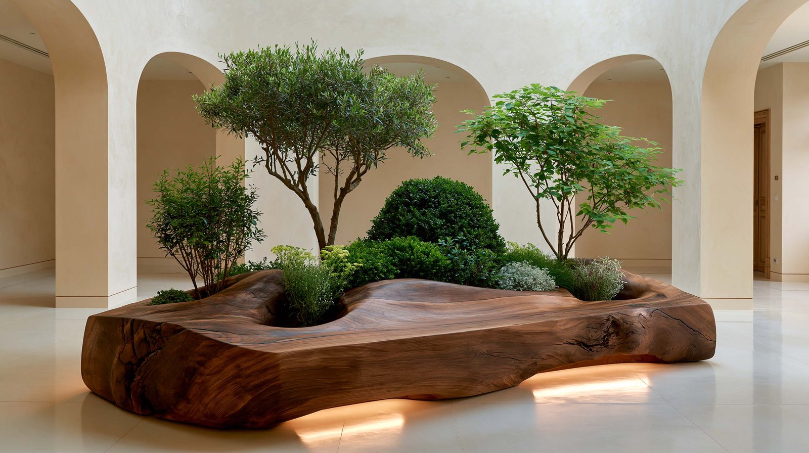 Cap-Ferrat — patio intérieur d’une villa contemporaine, banc-jardinière sculpturale Lignum™ Wave taillée dans la masse en noyer fumé avec ondulations horizontales, plantation dense centrale de Laurus nobilis et Olea europaea en topiaires compactes encadrées, Buxus sempervirens en boule sculpturale, accents argentés de Helichrysum italicum, arches contemporaines en intonaco crème, sol micro-béton clair, LED 2700K rasante en filet lumineux émergeant sous la masse de bois — Paracelsus Gardens™