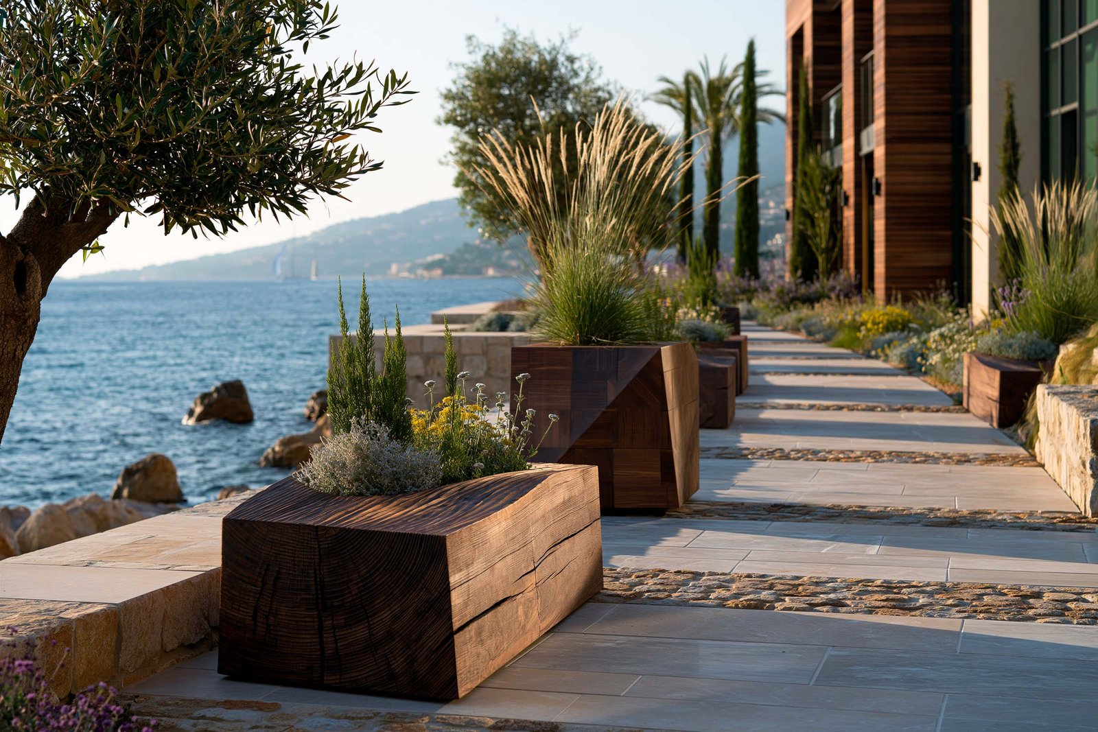 Beaulieu-sur-Mer — promenade côtière golden hour en surplomb de la Mer Méditerranée, alignement de Lignum™ Block en noyer fumé taillé dans la masse aux sections transversales révélées en marqueterie minérale, Olea europaea ancien sculptural en accent vertical, Stipa tenuissima en graminée blonde plumeuse, Helichrysum italicum argenté et Achillea millefolium jaune, Lavandula angustifolia en bordure de façade, Cupressus sempervirens stricta en silhouette d’arrière-plan, dalle de pierre claire et calade, façade contemporaine en noyer fumé — Paracelsus Gardens™