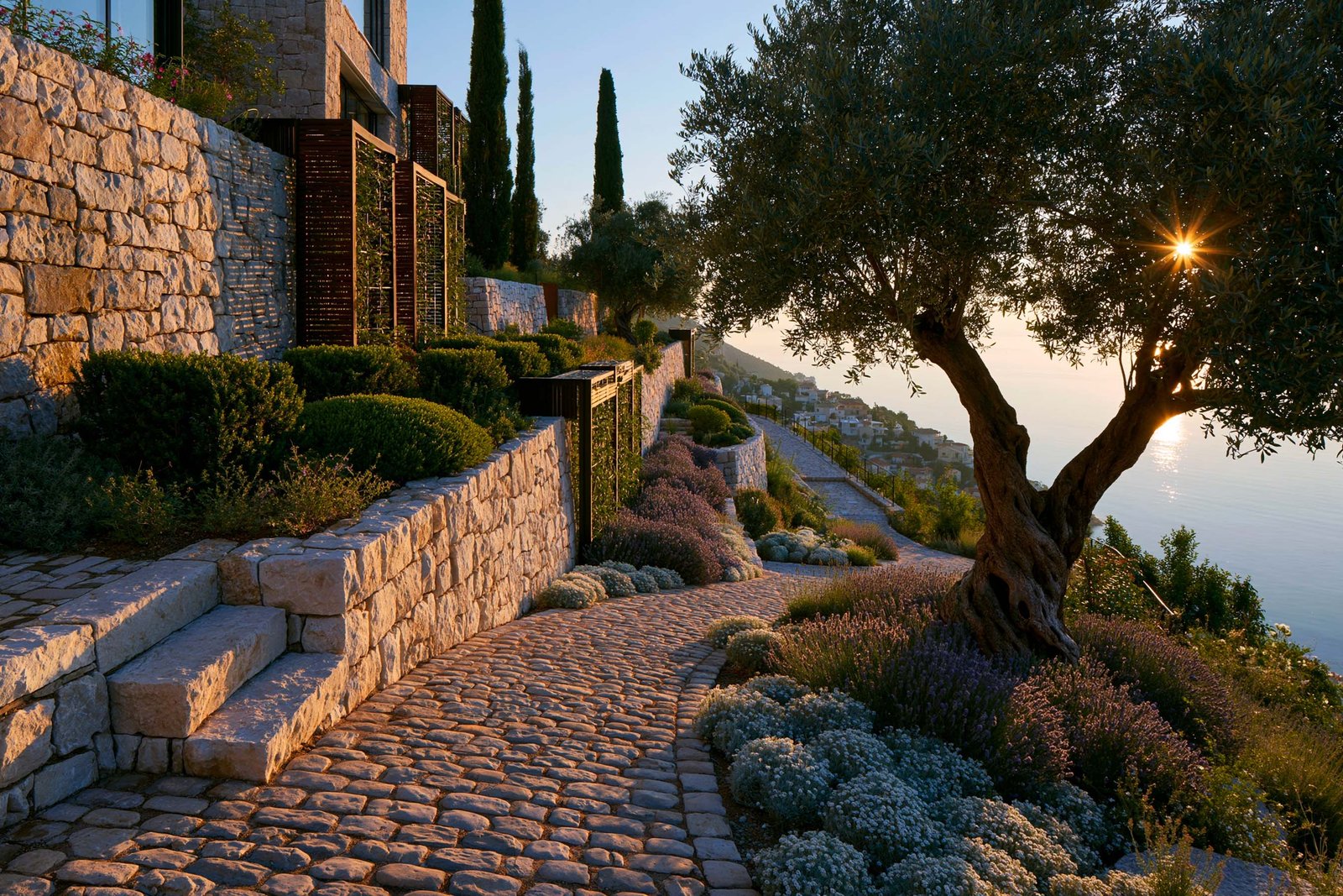 Èze — jardin en restanque sur les hauteurs golden hour, murs en pierre sèche traditionnelle, SylvaVeil™ en grilles verticales fines en Acciaio Brunito intégrées entre les niveaux, Olea europaea anciens sculpturaux, Cupressus sempervirens stricta en silhouettes verticales, Buxus sempervirens en topiaires étagées, masses de Lavandula angustifolia, Helichrysum italicum et Stachys byzantina argentés, escaliers en pierre et calade, vue lointaine sur le littoral méditerranéen et un village perché — Paracelsus Gardens™