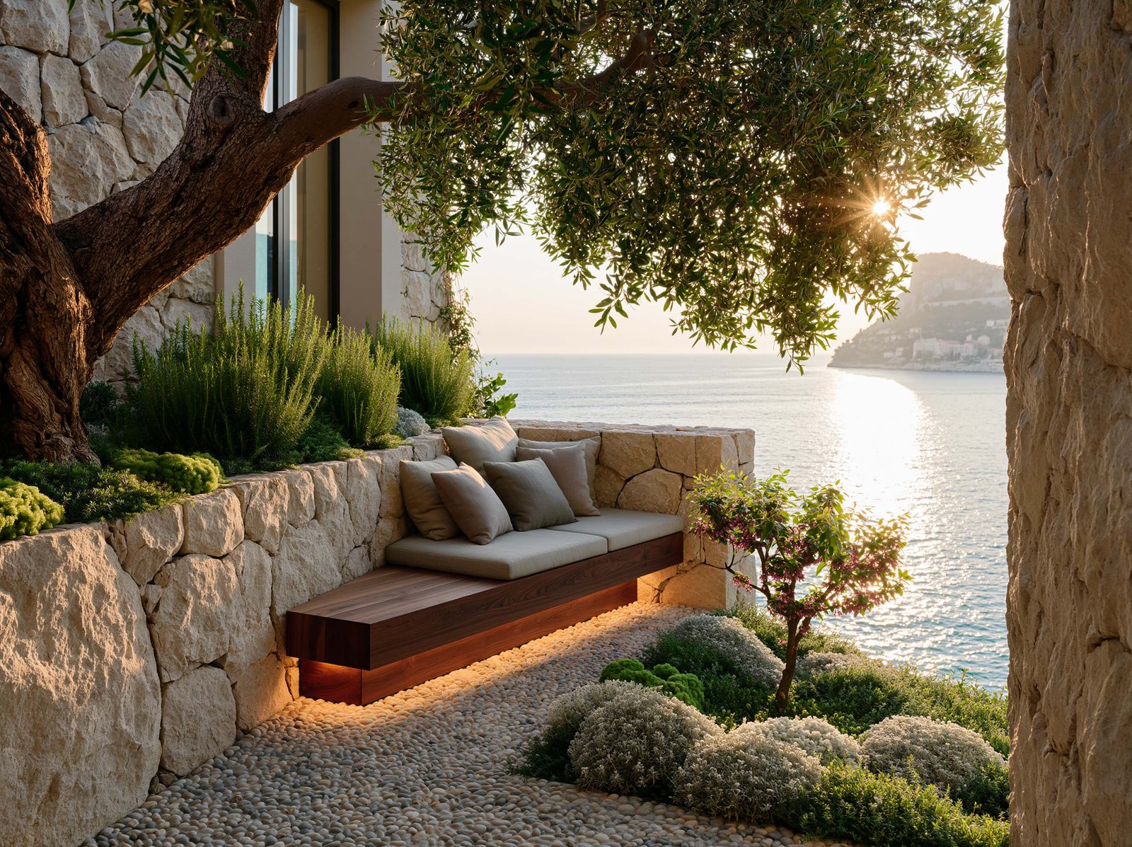 Roquebrune-Cap-Martin — terrasse d’une villa de bord de mer, banc flottant Lignum™ en noyer fumé avec coussins de lin et LED 2700K rasante, mur en pierre sèche, Olea europaea et masses de Rosmarinus officinalis et Helichrysum italicum argentés, calade en galets et muret de pierre ouvrant sur la Mer Méditerranée et le relief méditerranéen au lever du jour — Paracelsus Gardens™