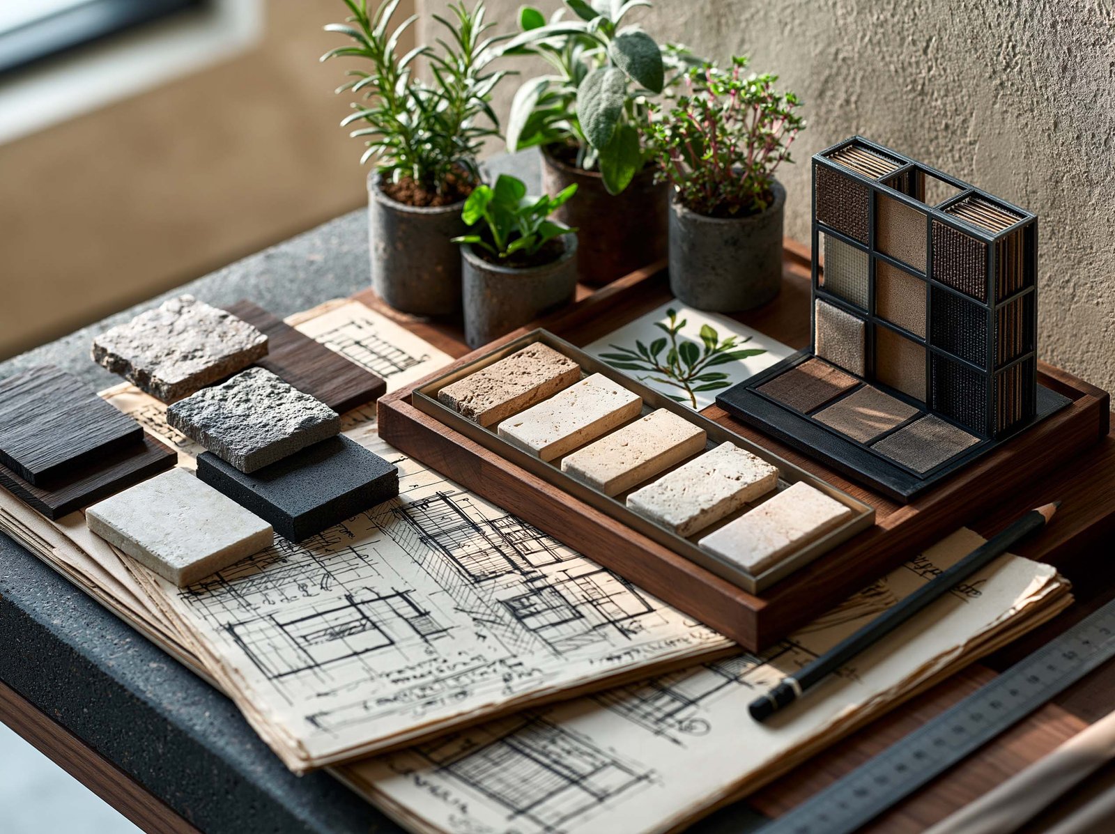 Nice — l’atelier du studio, longue table de travail Lignum™ en noyer fumé live-edge taillée dans la masse, plans et matériothèque posés, Olea europaea en pot et masses aromatiques sur le rebord, fenêtre verrière en acier brunito, sol micro-béton clair, lumière chaude de fin de journée — Paracelsus Gardens™