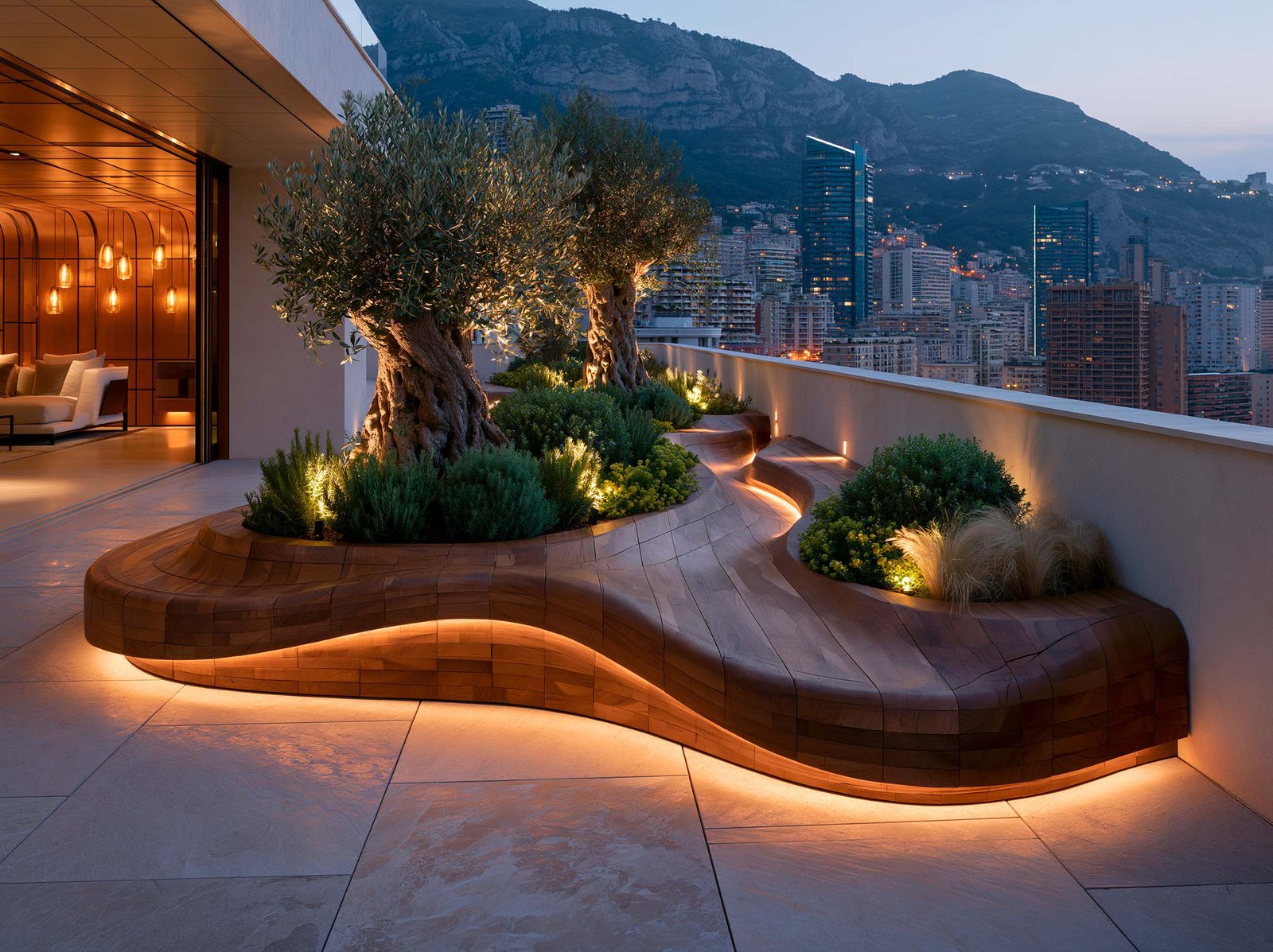 Monaco — terrasse penthouse en surplomb de la Principauté, banc-jardinière courbe Lignum™ Wave en noyer fumé taillé dans la masse avec LED 2700K rasante, Olea europaea sculpturaux, Rosmarinus officinalis, Helichrysum italicum et graminées en strates, sol en pierre claire ouvrant sur les tours contemporaines de Monaco au crépuscule — Paracelsus Gardens™