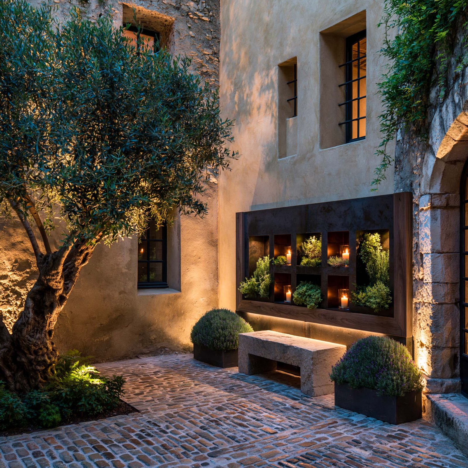 Immersion sensorielle — parcours sous pergola SylvaVeil™ en Acciaio Brunito, lumière filtrée par Trachelospermum jasminoides encadré, textures de Pietra Serena, aromatiques différenciées (Lavandula, Rosmarinus, Thymus, Salvia) et présence d’un Olea europaea en accent extérieur, expérience multisensorielle — Paracelsus Gardens™