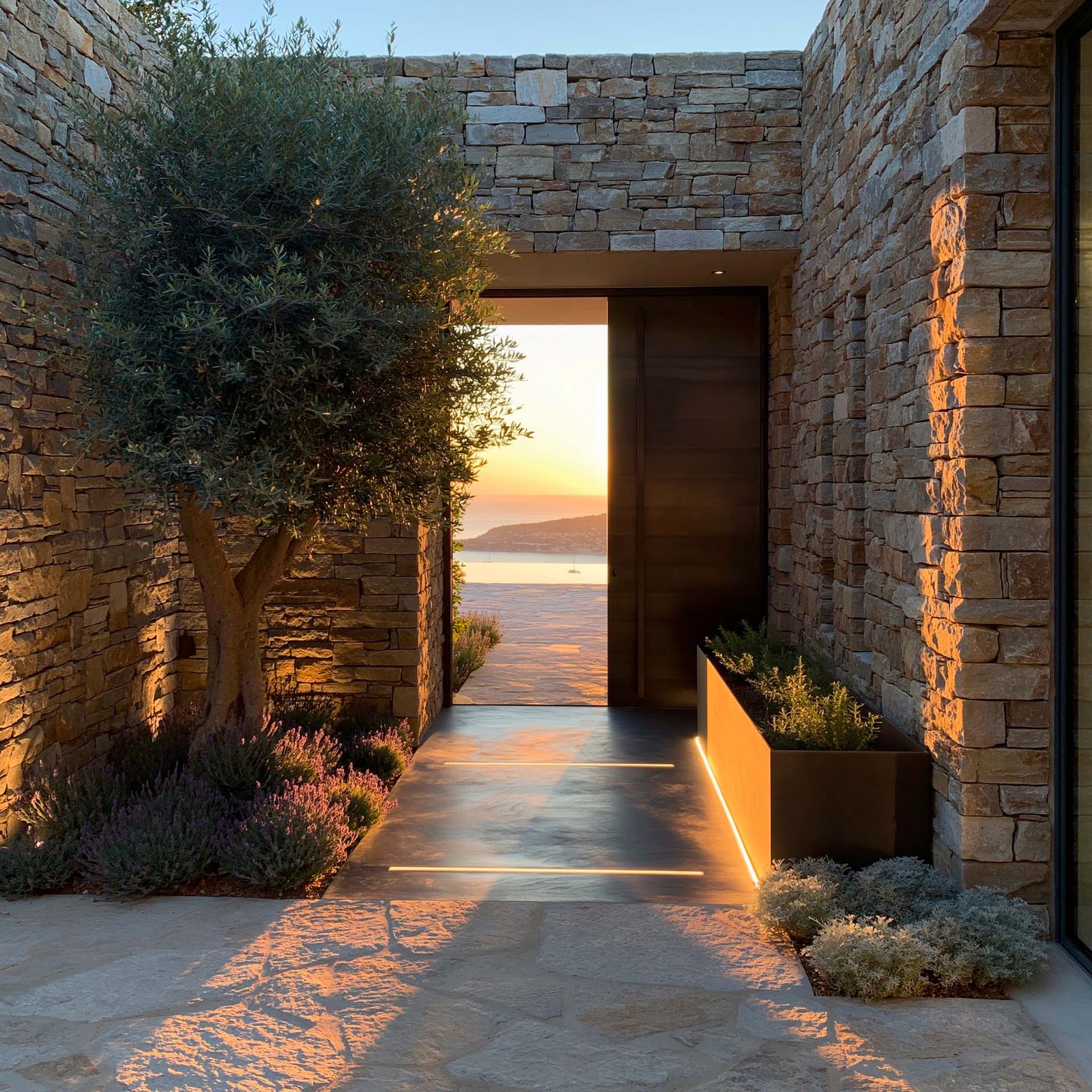 Justesse des Proportions — terrasse en Pietra Serena d’une villa de la Côte d’Azur, jardinière active Lignum™ Block en noyer fumé à LED 2700K rasante portant un Olea europaea en accent extérieur, Lavandula angustifolia et Stipa tenuissima, équilibre entre matières, échelle et végétal — Paracelsus Gardens™