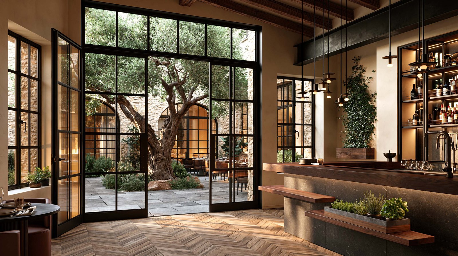Restaurant contemporain en Côte d’Azur, salle ouverte sur cour à olivier, comptoir Apotheca et matières naturelles dans une lumière de fin d’après-midi.