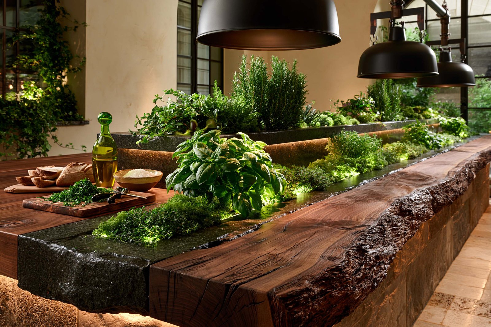 Station d’herbes aromatiques de service à Monaco, bac intégré en pierre noire honée sur plan de travail noyer brut, basilic, romarin et thym sous LED chaude pour les rituels culinaires.