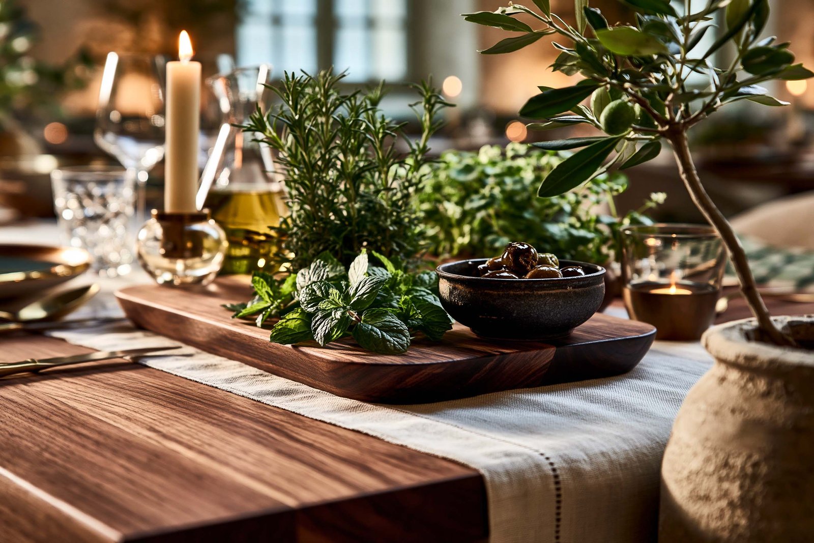 Table de dégustation à Saint-Paul-de-Vence, plateau noyer présentant herbes fraîches, huile d’olive et bougies, sélection en lien direct avec le geste culinaire.
