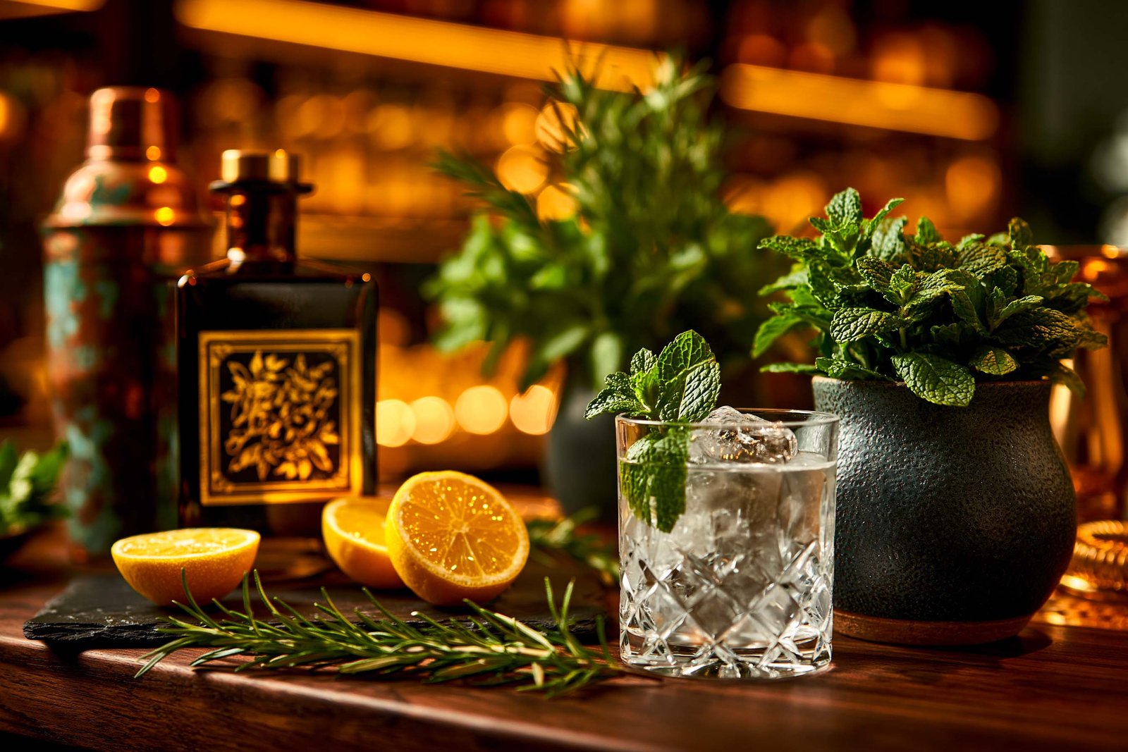 Bar de mixologie botanique à Monaco, menthe fraîche en bac céramique foncé, shaker cuivre patiné et bouteille gravée, interface botanique pour les infusions.