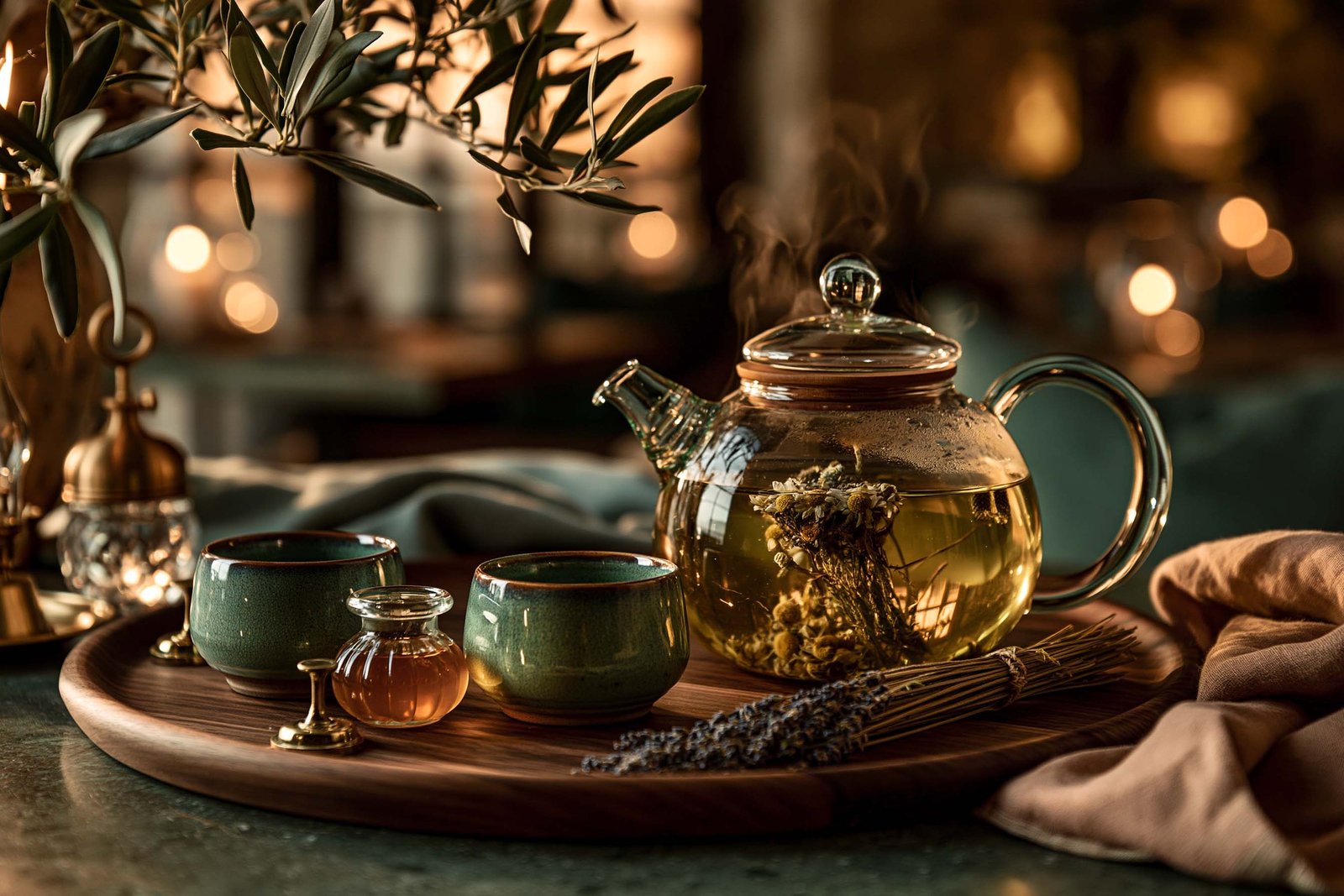 Infusion en théière de verre à Èze, fleurs et herbes méditerranéennes en macération, olivier en arrière-plan, rituel d’apothicaire dans la retenue.