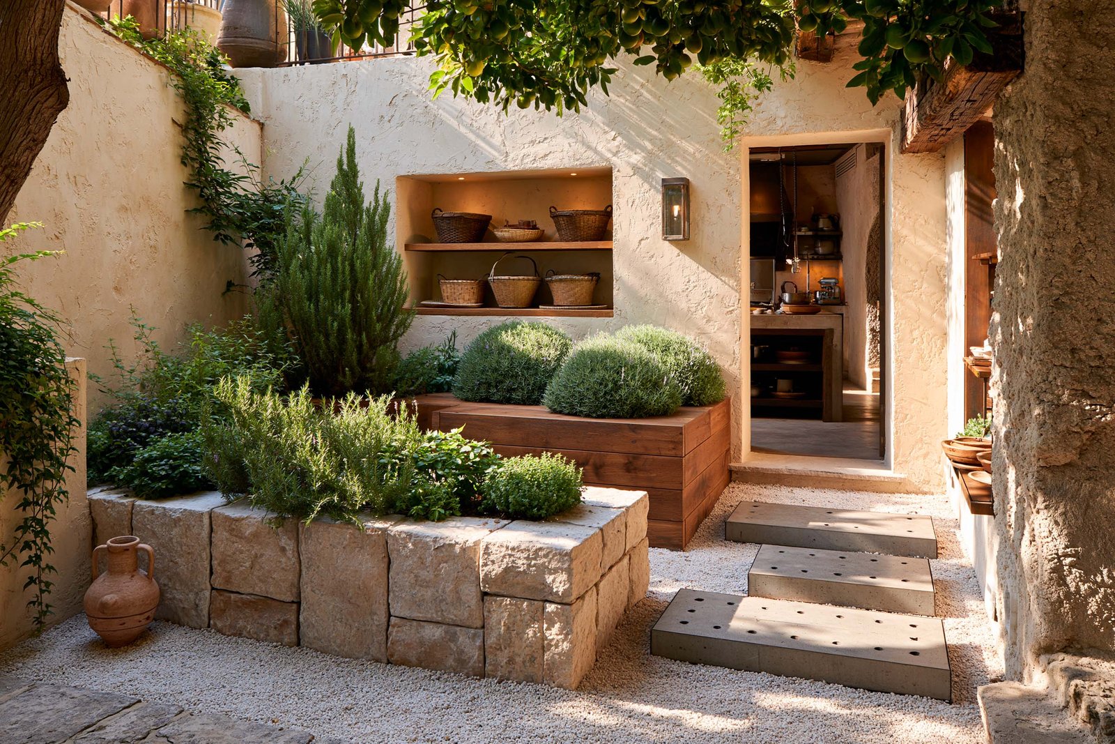 Cour aromatique à Tourrettes-sur-Loup, jardinière maçonnée en pierre claire et bac en chêne, romarin, lavande et thym sous arbre fruitier, continuité entre nature et artisanat.