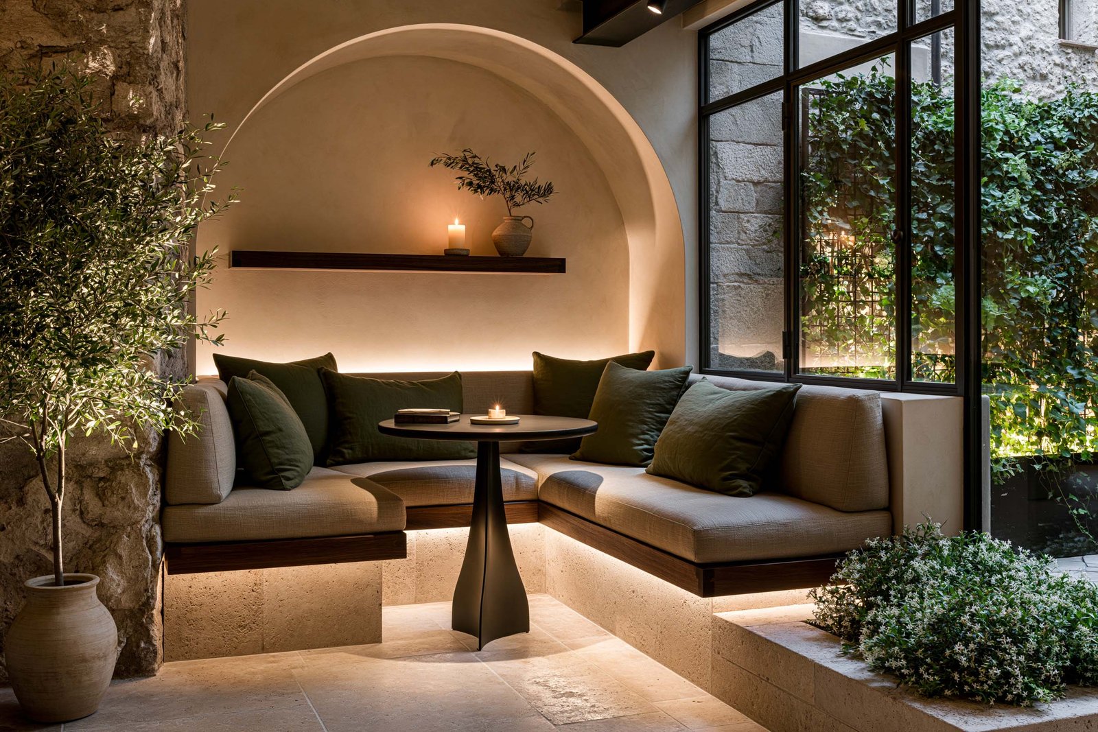 Alcôve intime dans un restaurant d’Èze, banquette d’angle en lin et baie vitrée ouverte sur trame végétale, continuité intérieur-extérieur structurée par le vivant.