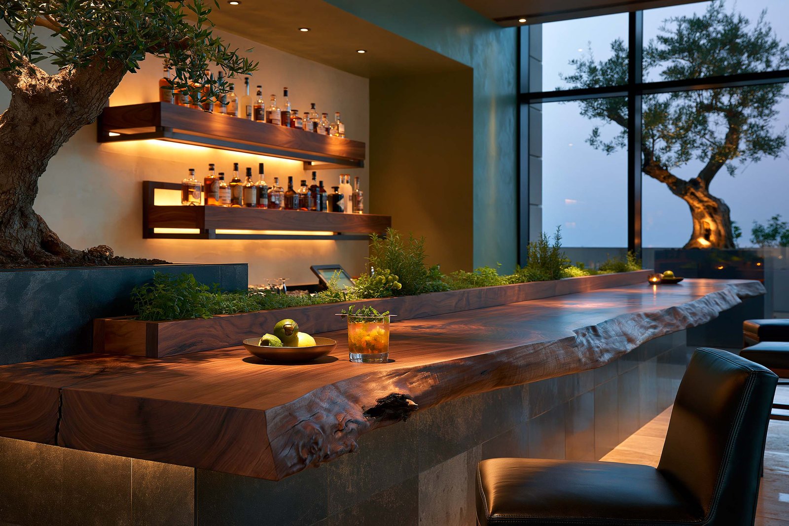 Lounge bar de restaurant à Monaco en service du soir, comptoir noyer live-edge avec auge Apotheca de romarin, étagères flottantes rétro-éclairées LED chaude, olivier silhouetté par la baie.