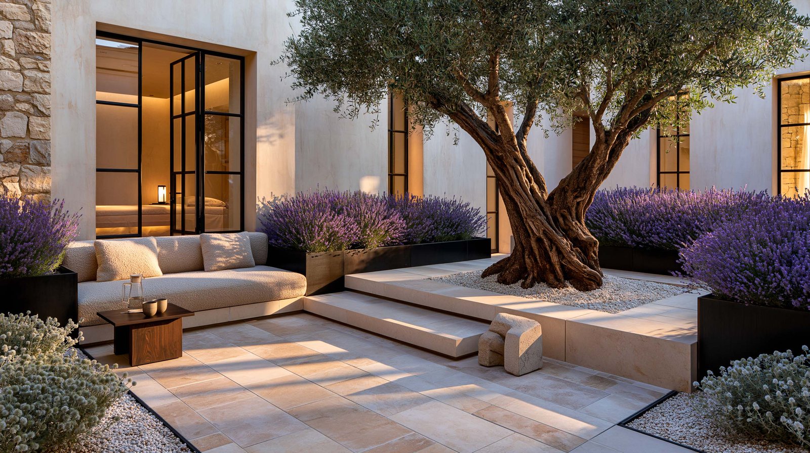 Cour méridionale d’un spa à Saint-Paul-de-Vence, olivier mature centré, masses de Lavandula angustifolia en bacs de pierre et acier noirci, banquette basse en lin écru, baie vitrée à cadre acier noirci ouvrant sur l’intérieur, lumière de fin d’après-midi méditerranéenne.