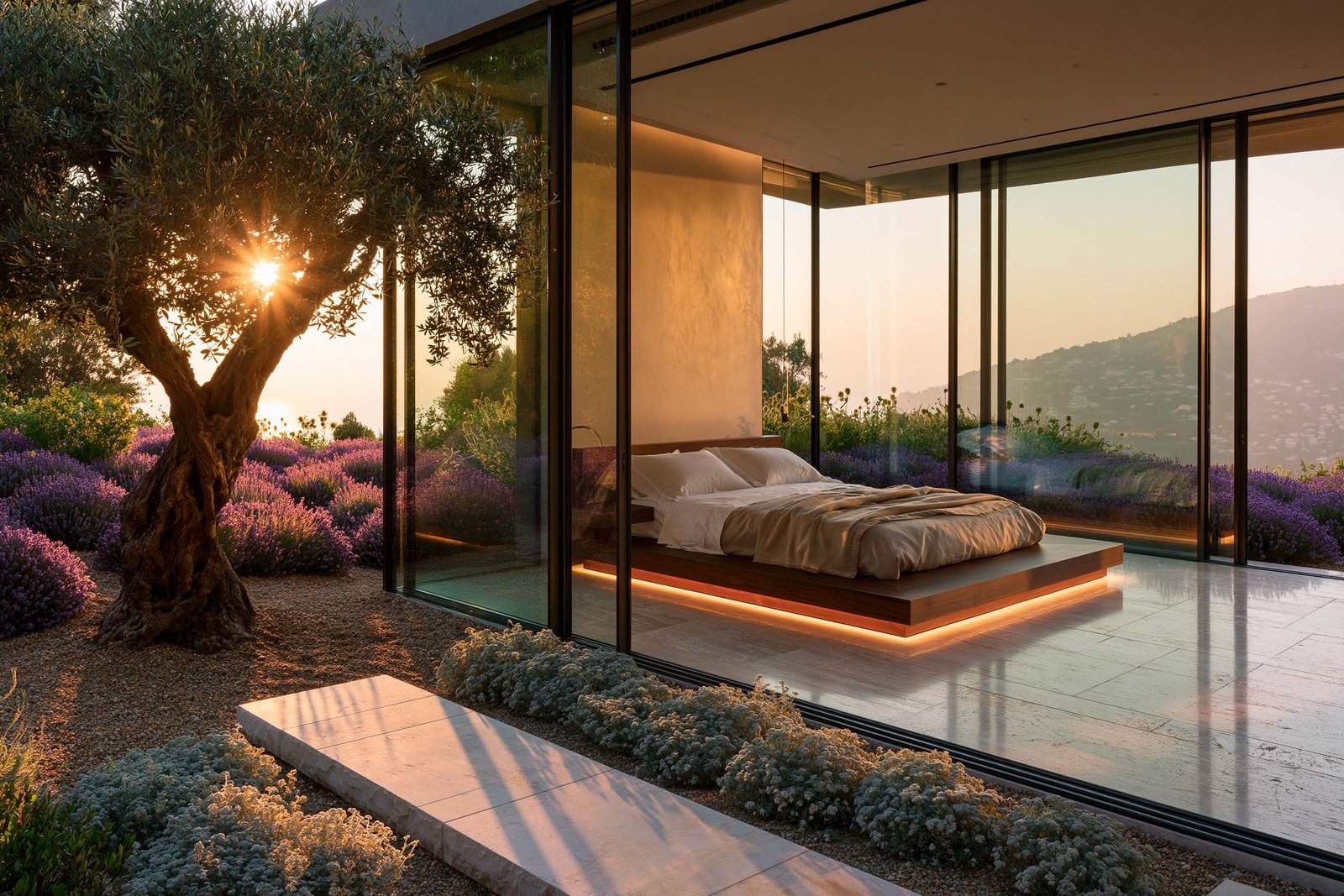 Terrasse hybride d’un wellness à Èze, deck en chêne thermotraité, pergola en noyer fumé, oliviers et lavandes en arrière-plan, vue dégagée sur les collines de l’arrière-pays méditerranéen au coucher du soleil.