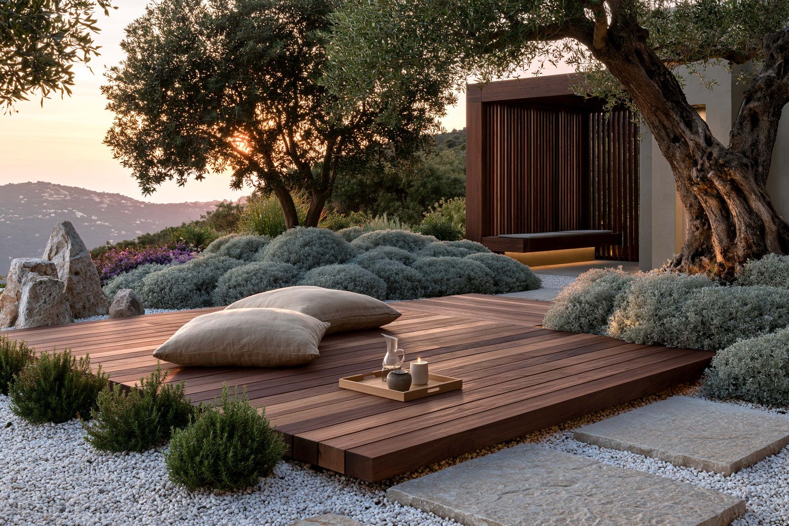 Chambre wellness à Cap-Ferrat ouverte sur une oliveraie et un champ de Lavandula angustifolia, baies vitrées toute hauteur en acier noirci, lit suspendu rétro-éclairé LED 2700K, vue sur les collines au coucher du soleil.