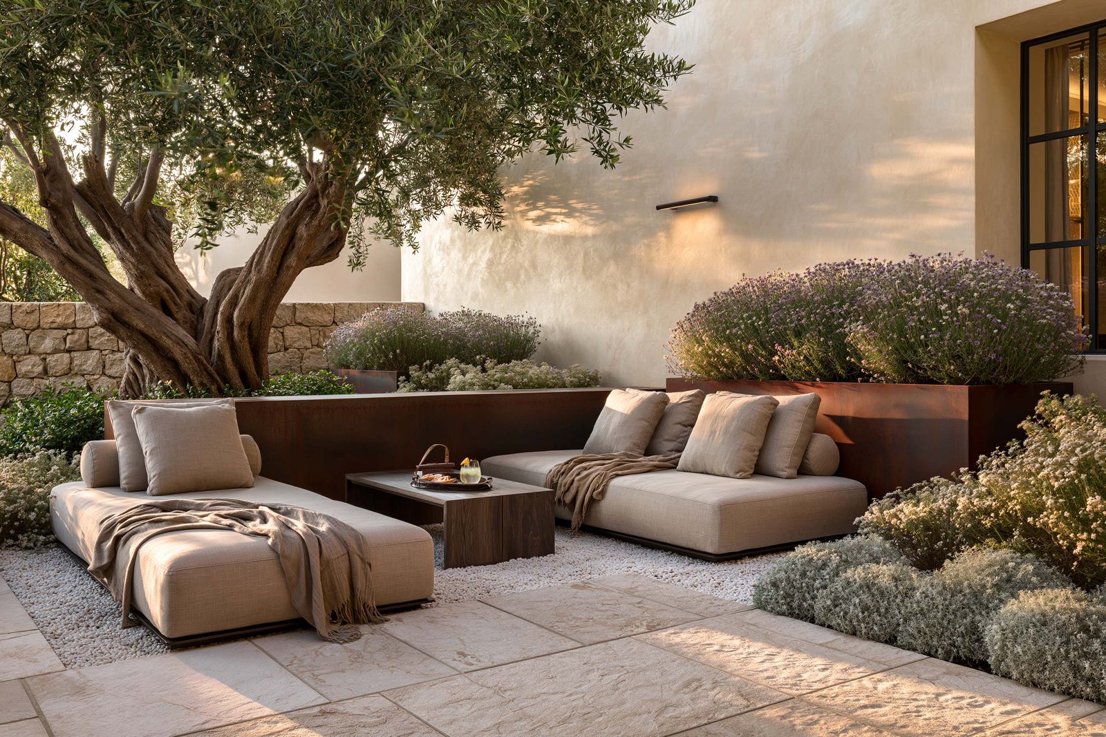 Terrasse de repos d’un spa à Saint-Jean-Cap-Ferrat, lits bas en lin écru sur sol gravillonné, jardinières en acier noirci avec Lavandula angustifolia, olivier mature et dallage en pierre claire ancienne.