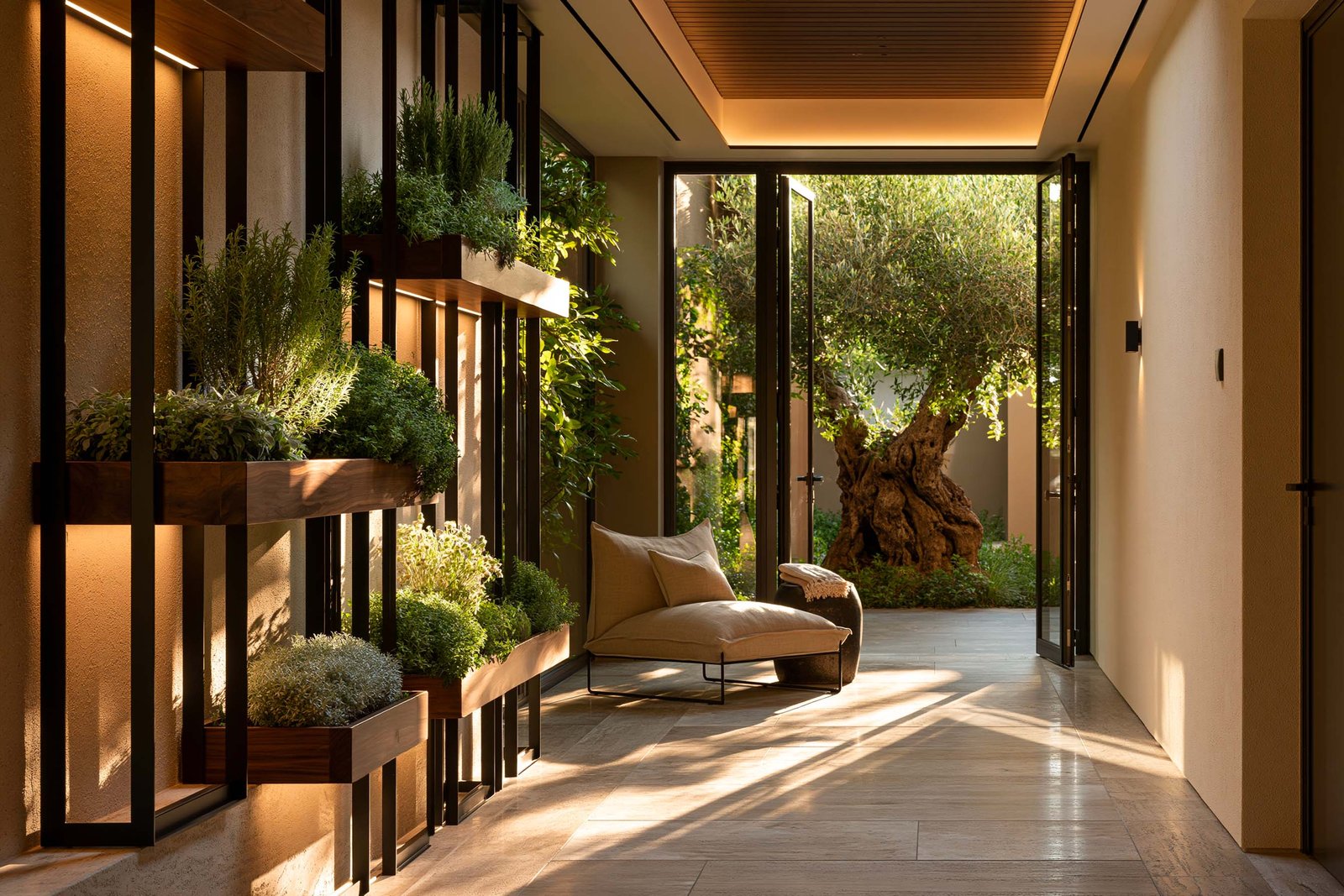 Galerie de retour d’un spa à Roquebrune-Cap-Martin, partition Hortus Velum Strata en cadres acier noirci avec planters noyer fumé suspendus en stratification, Hedera helix contenu, partition vitrée acier noirci au fond, fauteuil bas en lin écru, dallage travertin clair.