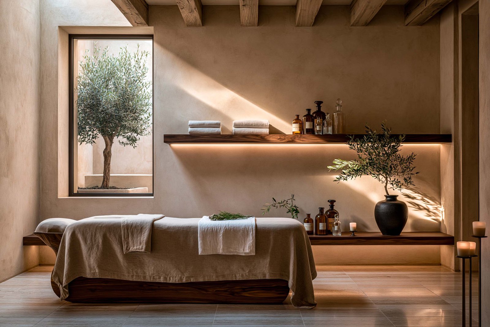 Cabine de soin d’un spa boutique à Èze, table de massage en noyer fumé sur piètement sculptural, étagère murale flottante en noyer fumé rétro-éclairée LED 2700K portant flacons d’huiles et linge écru, olivier en pot visible côté baie.