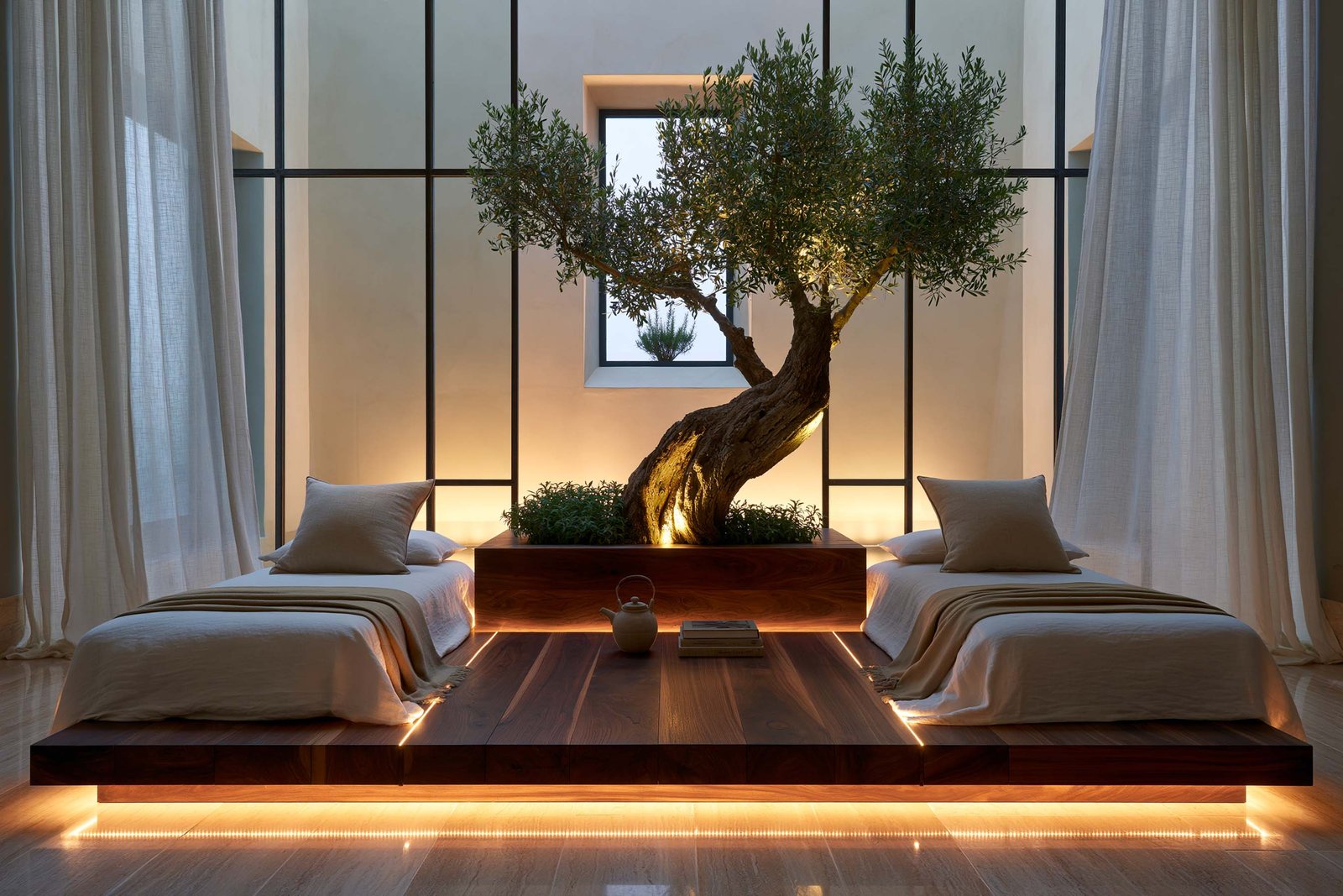 Salle de repos profond d’un spa à Cap-Ferrat, deux daybeds bas en lin écru sur plate-forme noyer fumé rétro-éclairée LED 2700K, Lignum Block noyer avec olivier émergeant taillé dans la masse, voilages blancs filtrant la lumière, façade contemporaine en stucco lustro.