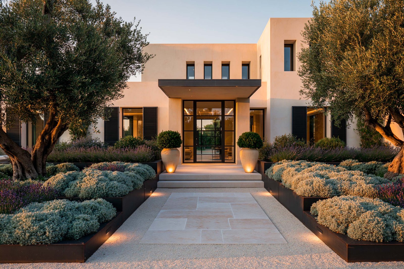 Allée d’arrivée d’une villa à Saint-Paul-de-Vence, façade contemporaine en stucco lustro chaud, oliviers matures bordant le parcours, jardinières en acier noirci avec masses de Lavandula angustifolia, dallage pierre claire.