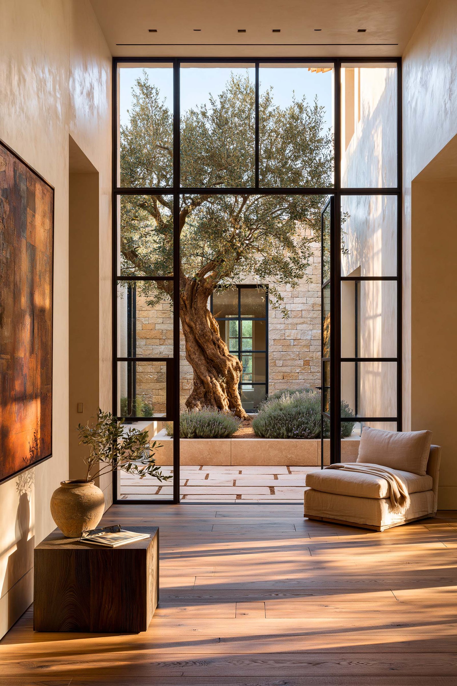 Patio d’entrée d’une villa à Saint-Paul-de-Vence, vue depuis le hall intérieur à travers un cadre rectangulaire en acier noirci vers une cour méridionale avec olivier mature et masses de Lavandula angustifolia en bacs Pietra Serena.