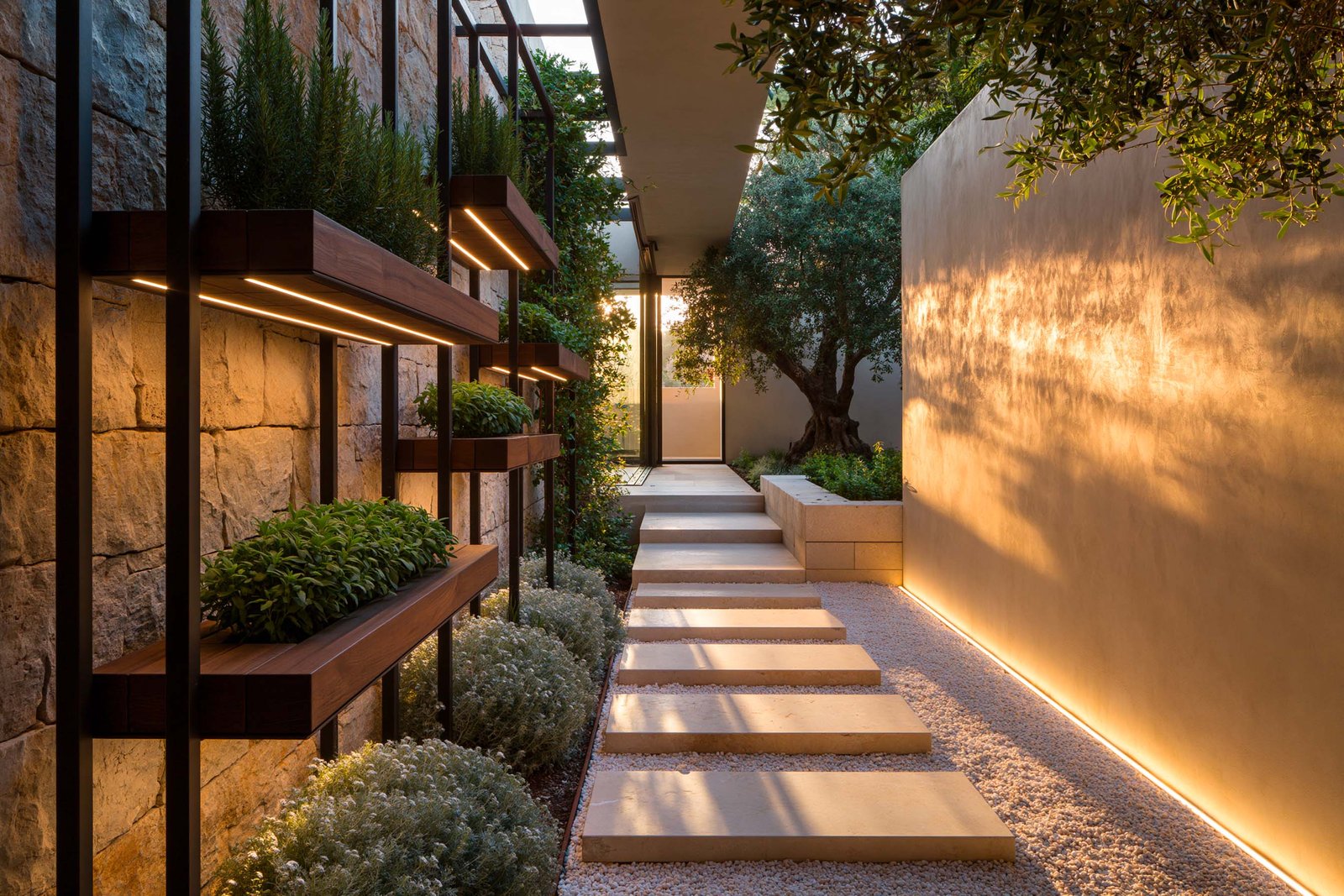 Corridor-jardin d’arrivée d’une villa à Beaulieu-sur-Mer, partition latérale Hortus Velum Strata en planters de noyer fumé suspendus rétro-éclairés LED 2700K avec herbes aromatiques en stratification, allée travertin clair vers la cour à olivier.