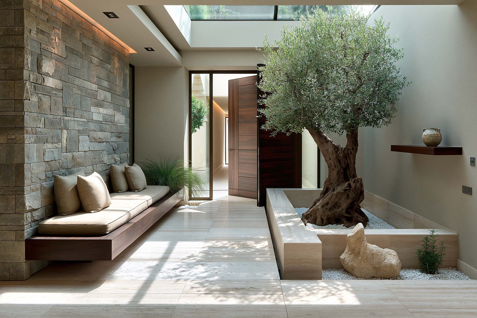 Premier regard d’une villa à Roquebrune-Cap-Martin, hall d’entrée intérieur en travertin clair ouvert sur une cour méridionale avec olivier mature en bac Pietra Serena, banquette flottante en noyer fumé, console murale apothicaire en noyer.