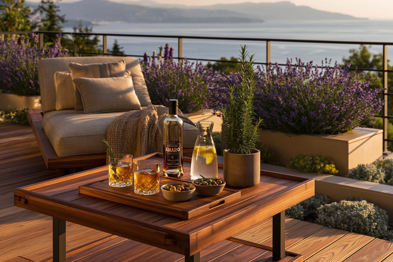 Apéritif sur terrasse d’une villa à Beaulieu-sur-Mer, plateau de cocktails sur chariot en noyer fumé, masses de Lavandula angustifolia et Rosmarinus officinalis en pots, fauteuil en lin écru, vue sur la mer Méditerranée et les collines de l’arrière-pays au coucher du soleil.