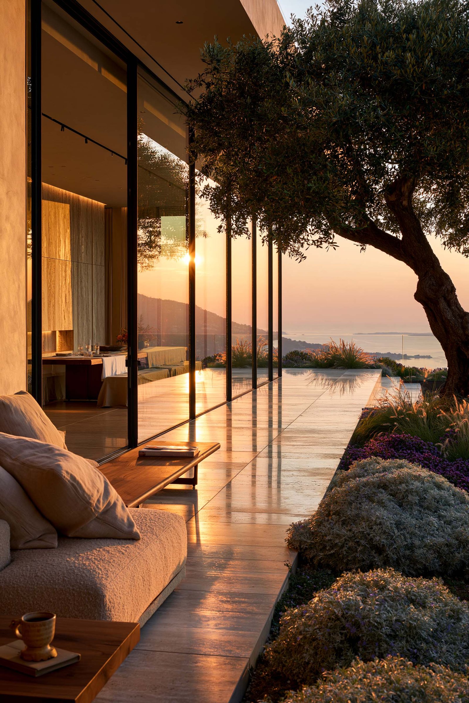 Séquences de vie d’une villa à Èze, salon ouvert sur terrasse extérieure en travertin clair, table dressée sous un olivier mature, vue sur la mer Méditerranée et les collines de l’arrière-pays au coucher du soleil.