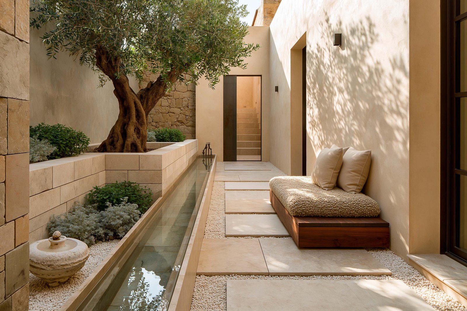 Jardin secret d’une villa à Èze, long bassin réflectif en travertin clair, daybed bas en noyer fumé avec coussins en lin écru contre un mur en stucco lustro chaud, olivier mature ombrageant la composition, dallage pierre claire et gravillons.