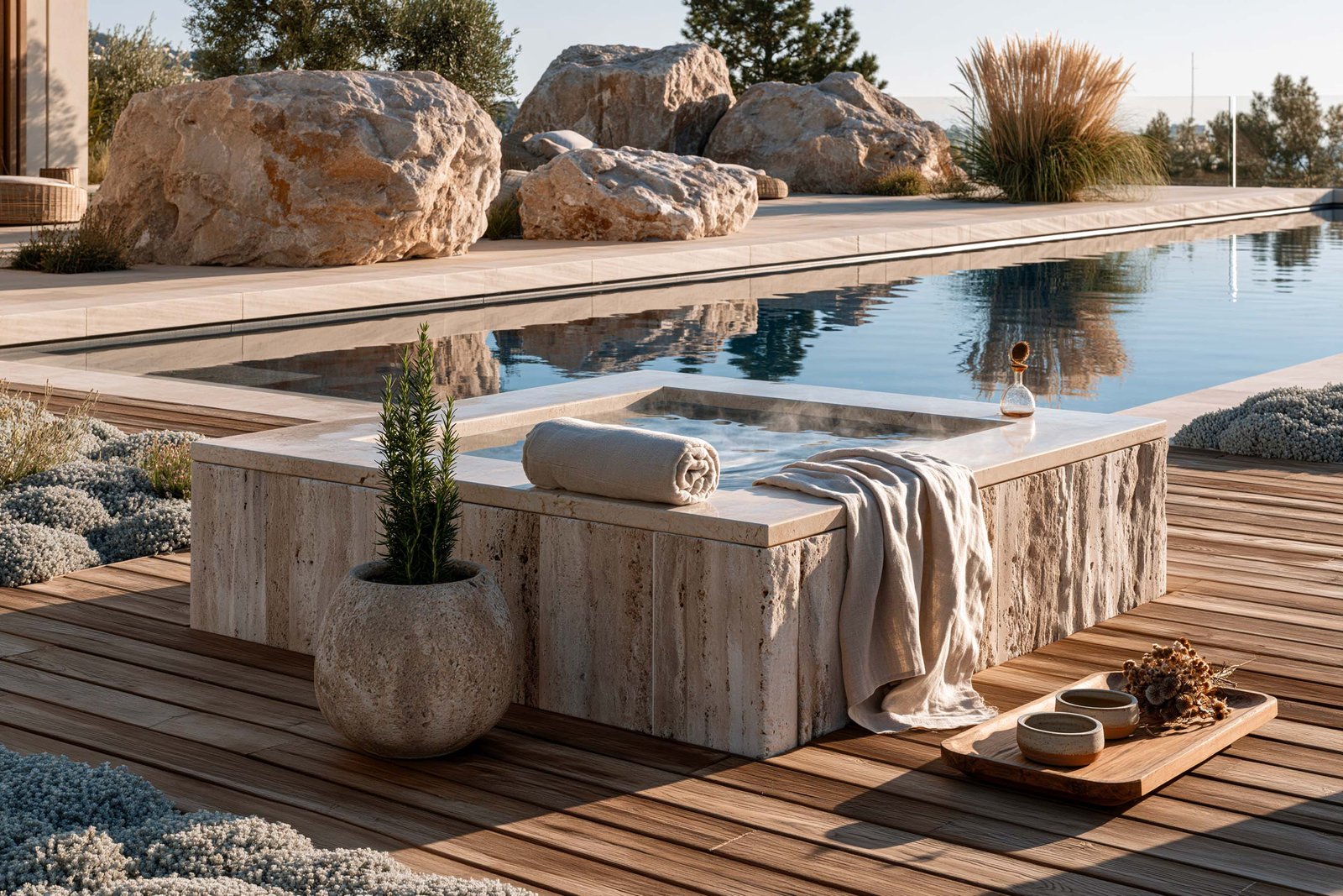 Bassin immersif extérieur d’une villa à Cap-Ferrat, bain rectangulaire en travertin clair monolithique, deck en chêne thermotraité, jardinières en pierre avec Rosmarinus officinalis et Stipa gigantea, plateau de tisane sur le bord du bassin.