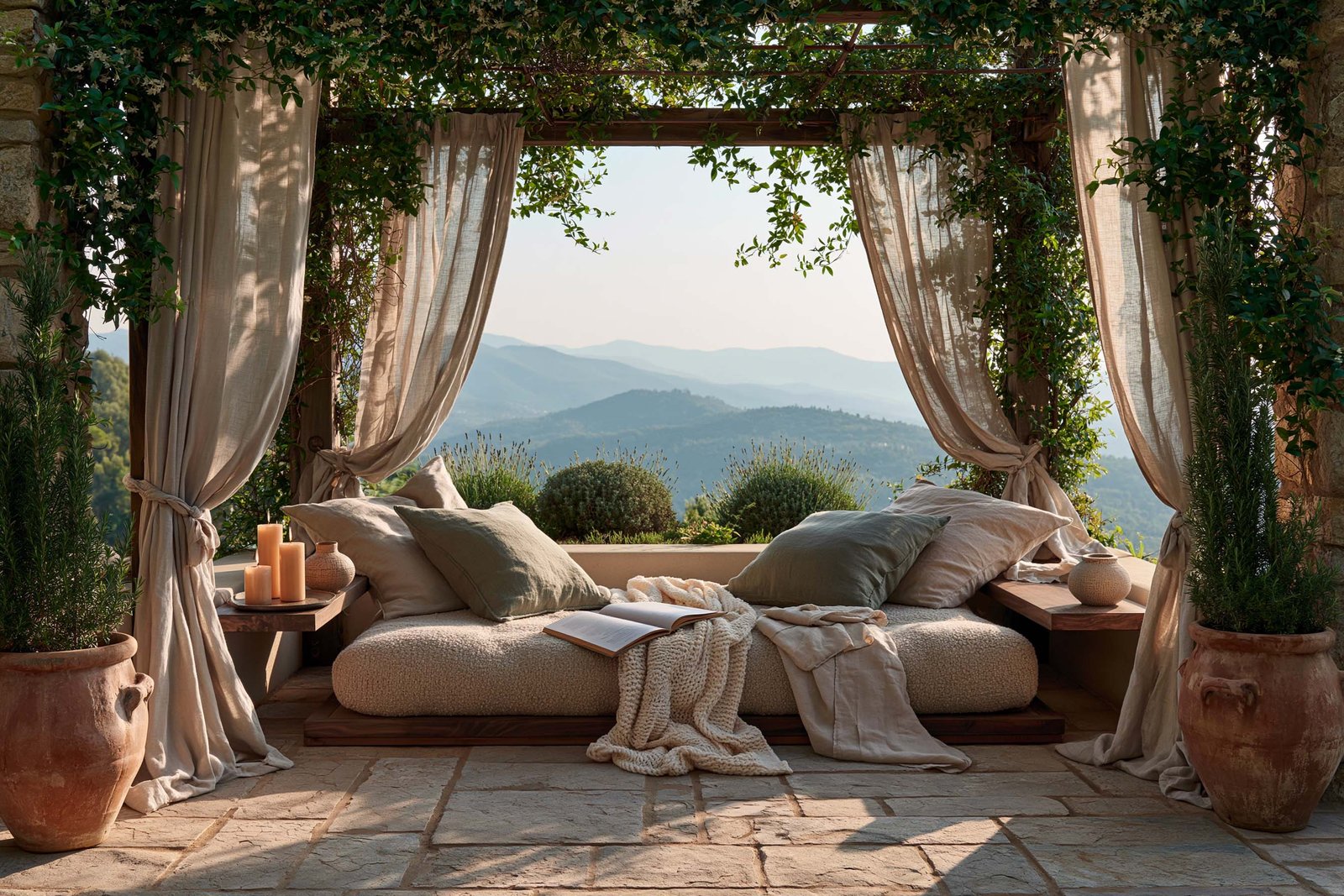 Pergola-lecture d’une villa à Tourrettes-sur-Loup, pergola contemporaine en chêne thermotraité à linteau droit avec voile de Trachelospermum jasminoides en port libre, daybed bas en lin écru, voilages en lin filtrant la lumière, vue sur les collines de l’arrière-pays méditerranéen.
