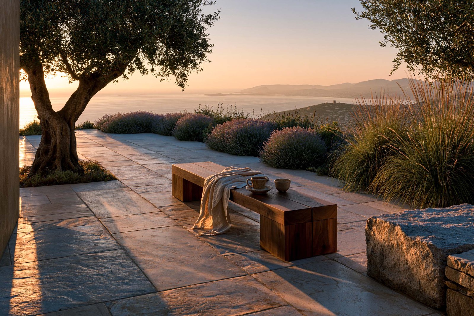 Banc de contemplation au coucher du soleil d’une villa à Èze, banc bas sculptural en noyer fumé sur dallage en pierre claire, oliviers matures et masses de graminées en strates, vue dégagée sur la mer Méditerranée et les collines de l’arrière-pays au crépuscule.