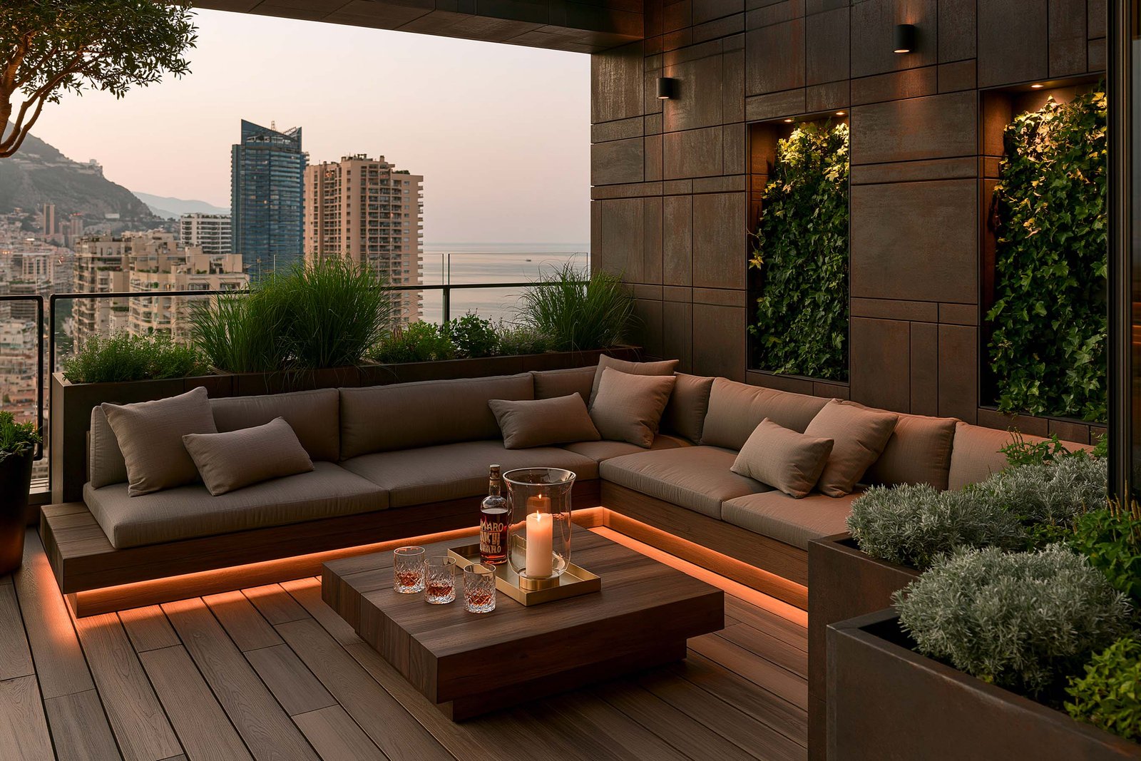 Terrasse de penthouse à Monaco, canapé bas long en lin écru sur socle en noyer fumé, bacs paysagers en Acciaio Brunito avec Stipa gigantea et Helichrysum italicum en strates, paroi verticale paysagée intégrée, vue sur les tours résidentielles de la Principauté.