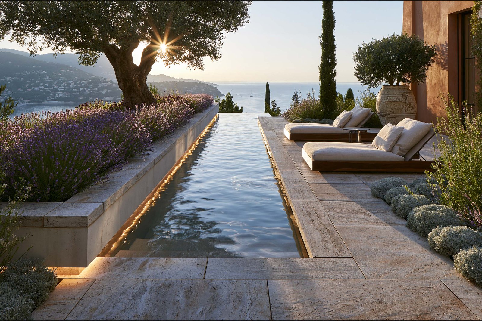Piscine botanique d’une villa à Cap-Ferrat, longue piscine rectangulaire à débordement bordée de travertin clair, chaises longues en noyer fumé avec coussins en lin écru, oliviers matures et masses de Lavandula angustifolia, vue sur la mer Méditerranée et les collines de l’arrière-pays.