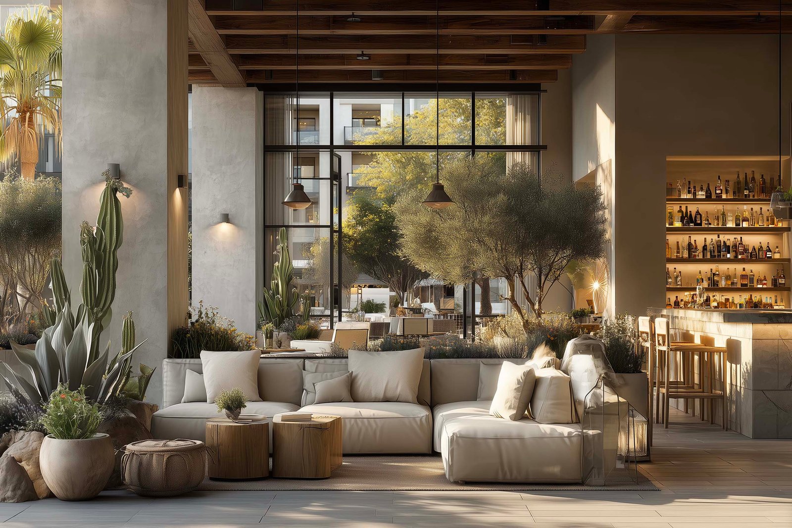 Outdoor dining space enhanced by botanical design and Mediterranean atmosphere