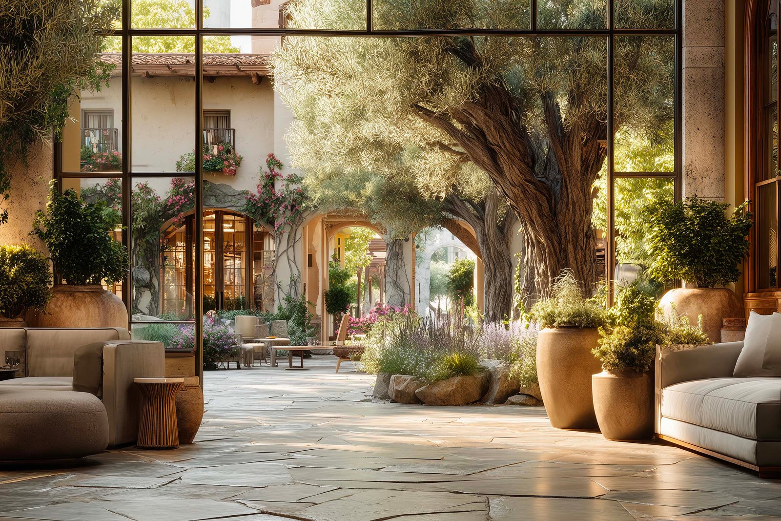 Hotel arrival sequence with immersive botanical architecture and sensory landscaping