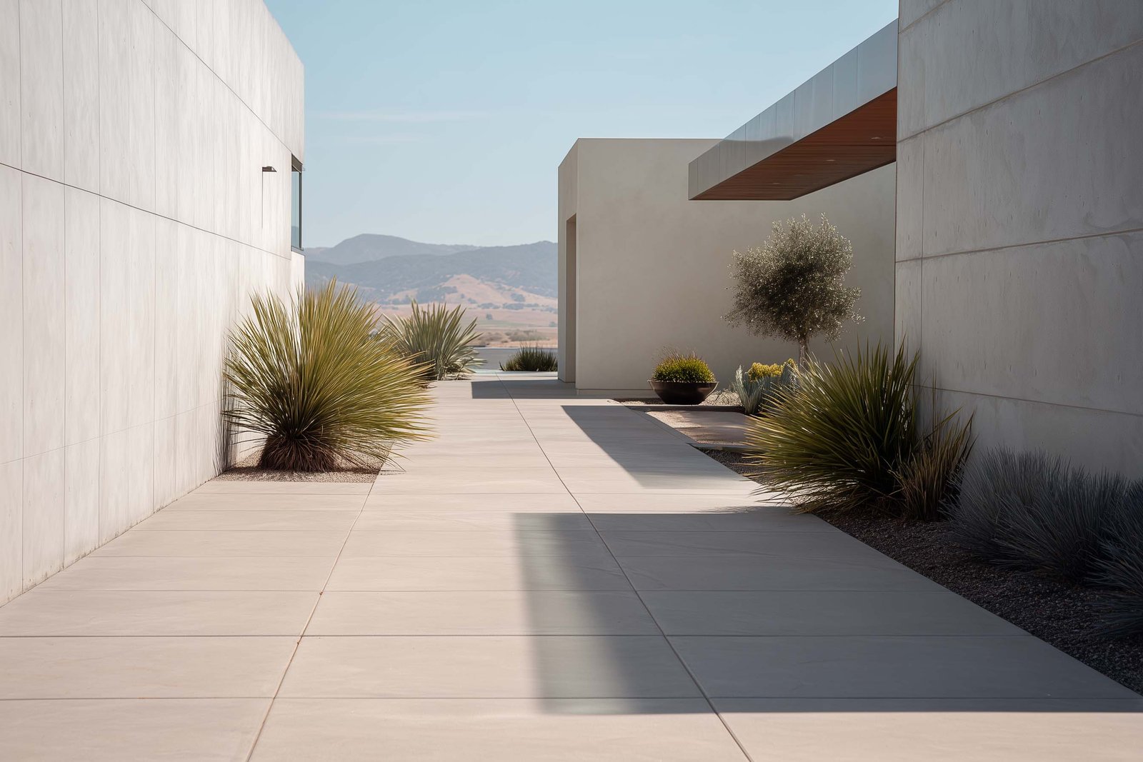 Minimal botanical architecture with restrained material palette