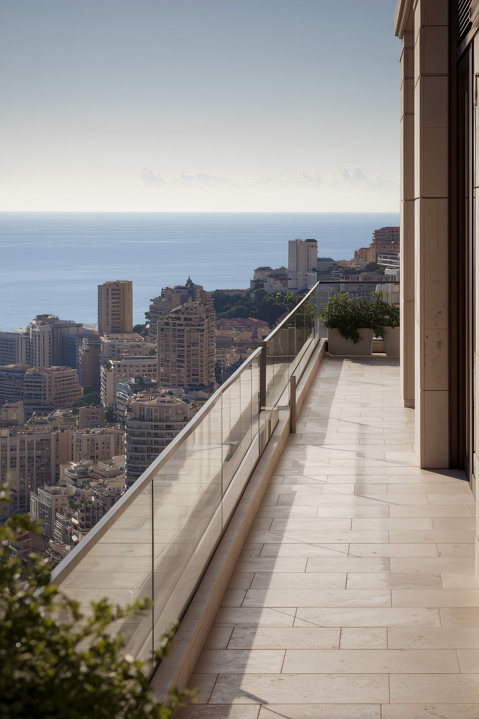 Origins — Monaco: elevated terrace overlooking dense Mediterranean skyline and sea horizon