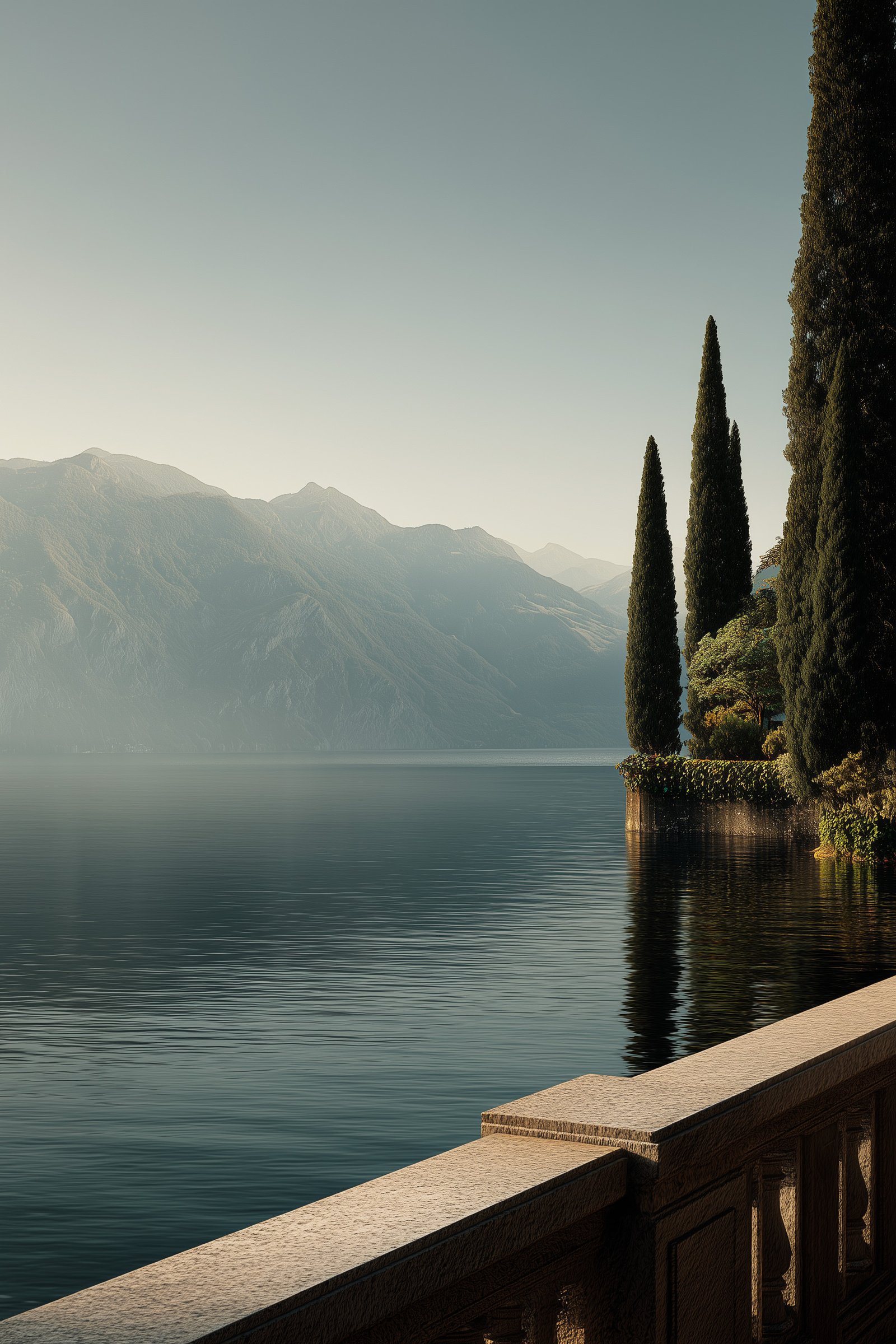 Origins — Northern Italy lakes: calm water, alpine backdrop, classical stone structure and symmetry