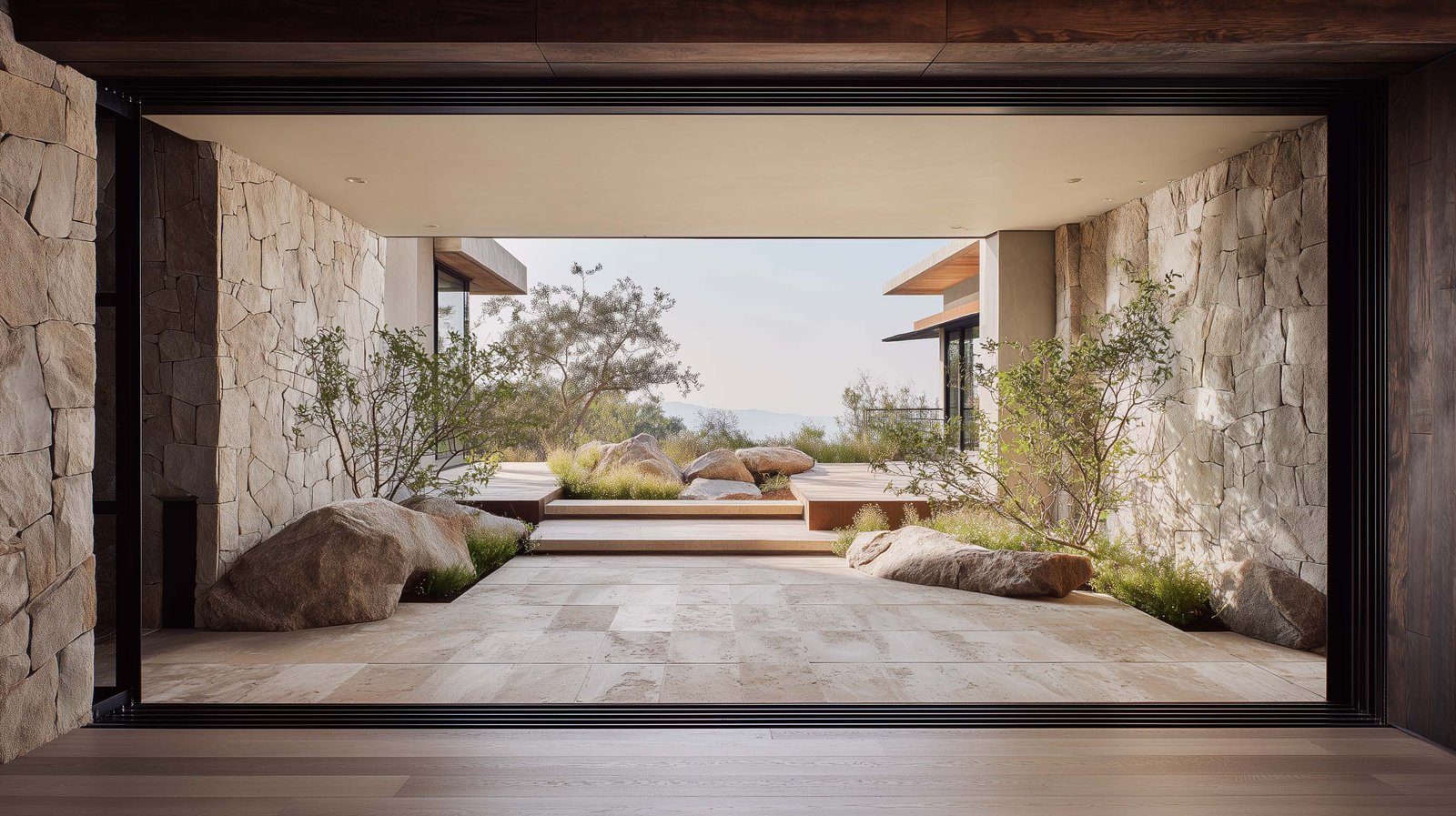 Indoor-outdoor transition expressing calm and spatial continuity