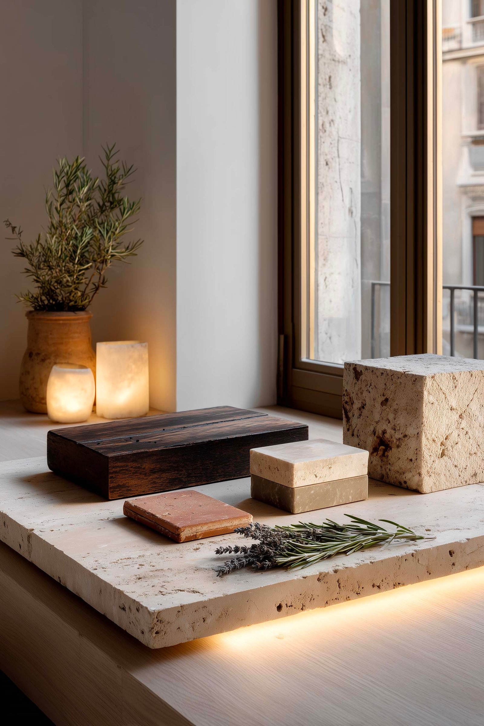 Dettaglio materioteca in atelier milanese — campioni di Acciaio Brunito, noce affumicato, Pietra Serena e Rosmarinus officinalis su piano in travertino chiaro, Paracelsus Gardens™