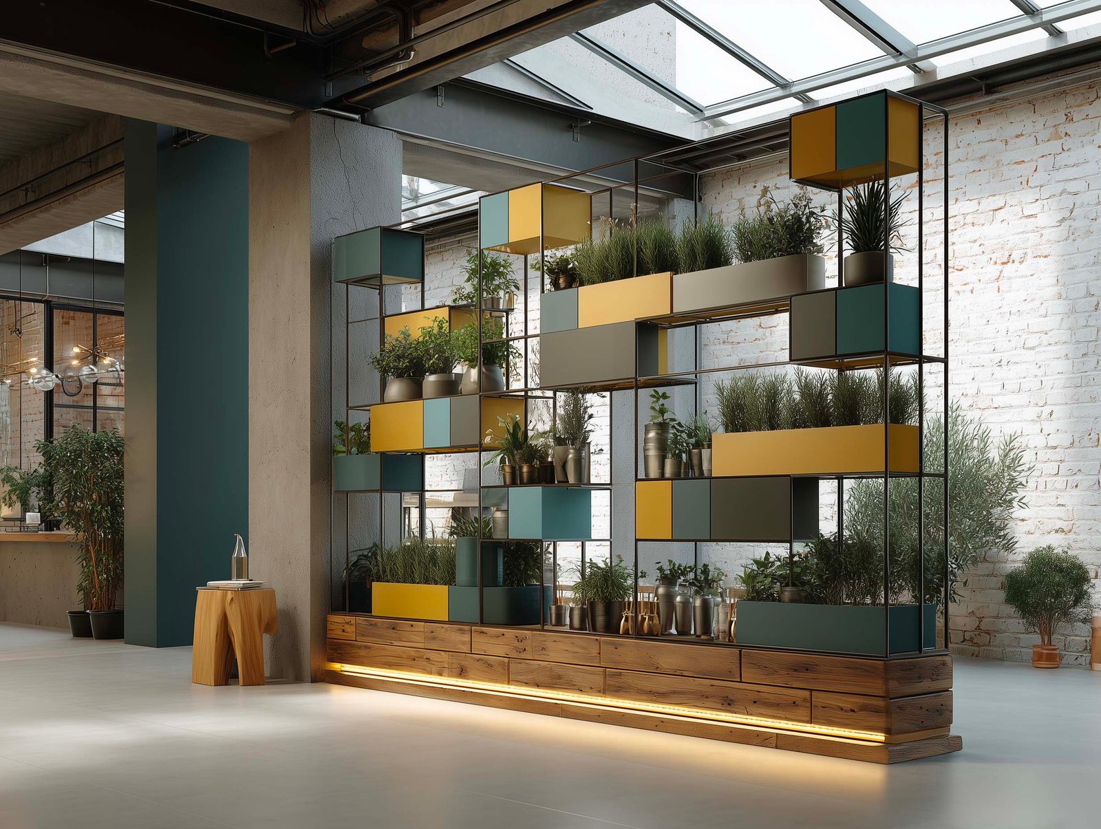 Prototipo di partizione botanica modulare in noce affumicato e Acciaio Brunito con Rosmarinus officinalis e Salvia officinalis, atelier milanese, Paracelsus Gardens™