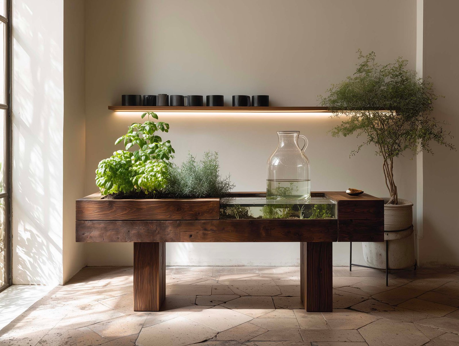 Console Apotheca in noce affumicato con modulo fioriera integrato, Ocimum basilicum e Thymus vulgaris in vasi neri, LED caldo, atelier milanese, Paracelsus Gardens™