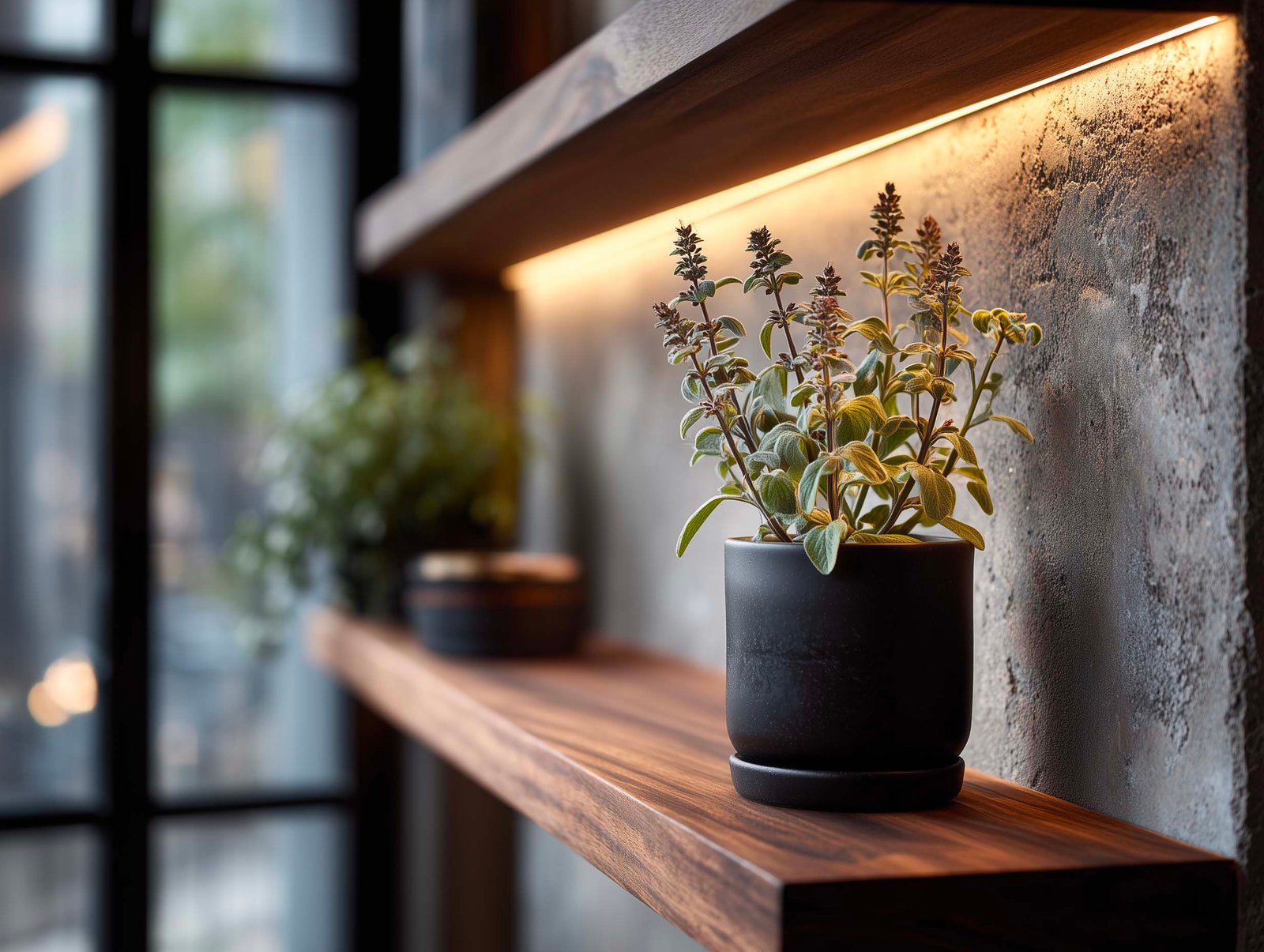 Dettaglio giunzione noce affumicato e Acciaio Brunito su partizione botanica, LED caldo e Salvia officinalis, macro texture atelier Milano, Paracelsus Gardens™