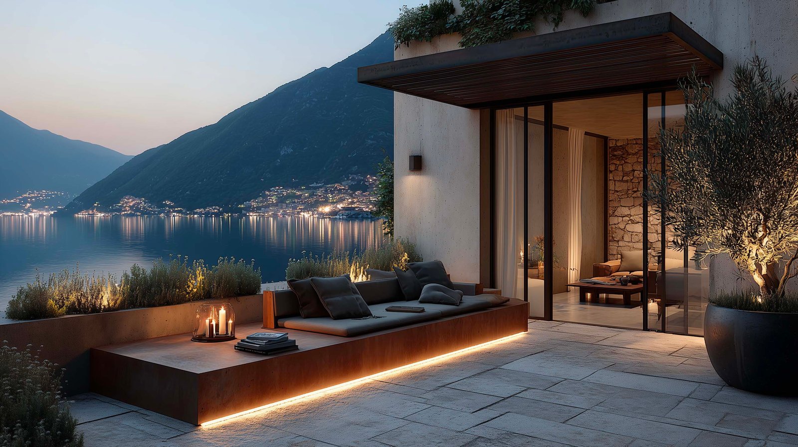 Architettura botanica contemporanea — villa con terrazza sul lago, fioriere in Corten, pergola in legno scuro e vegetazione mediterranea strutturata, Paracelsus Gardens™